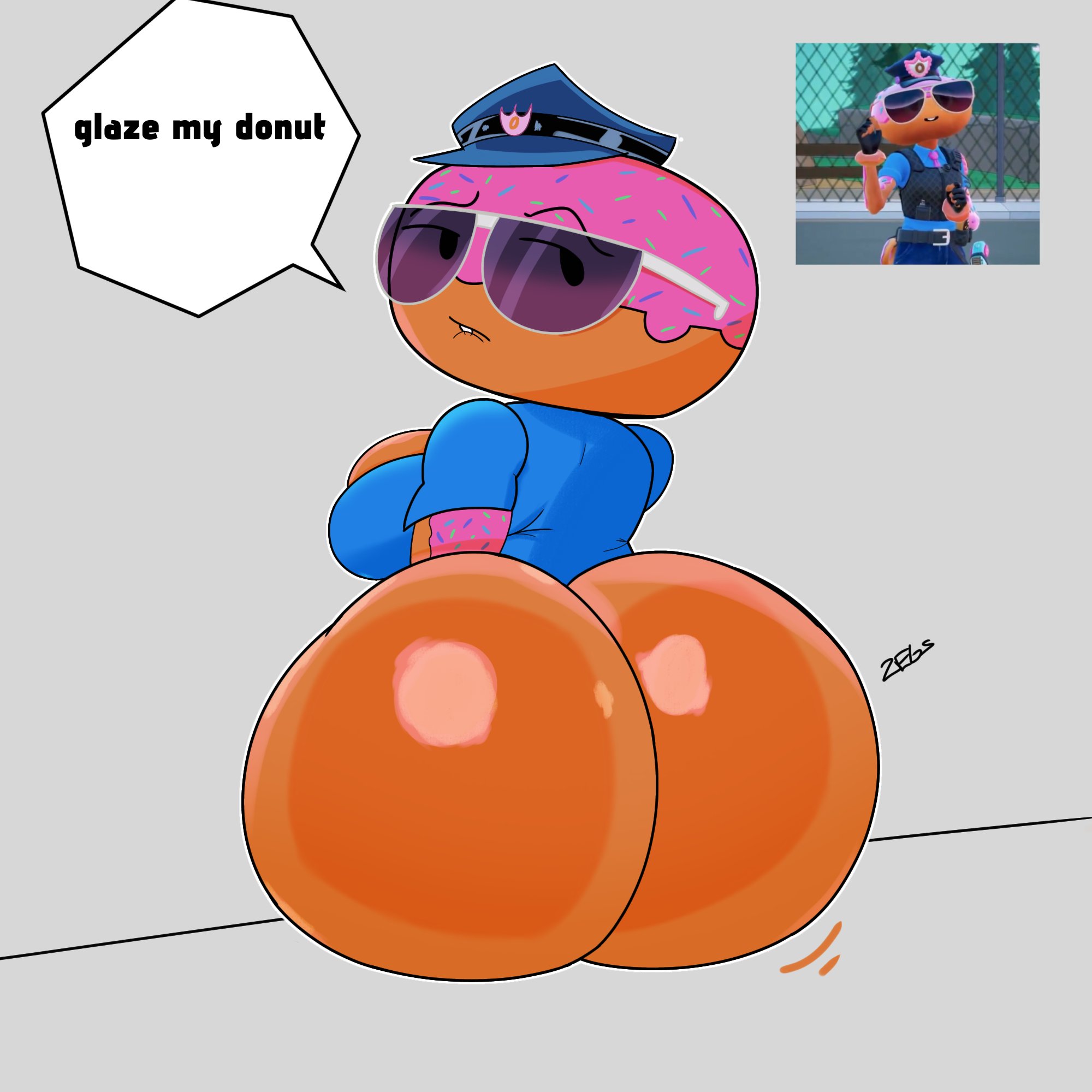1anthro, 1girls, 2025, anthro, anthro female, anthro only, ass focus, big ass, big butt, big butt (female), bottomless, clothed, clothing, constable sprinkle, cop, dessert, dialogue, donut, female, female only, food, food creature, food humanoid, fortnite, fortnite: battle royale, glasses, object head, presenting ass, sebaart, shades, tagme, talking to viewer, text