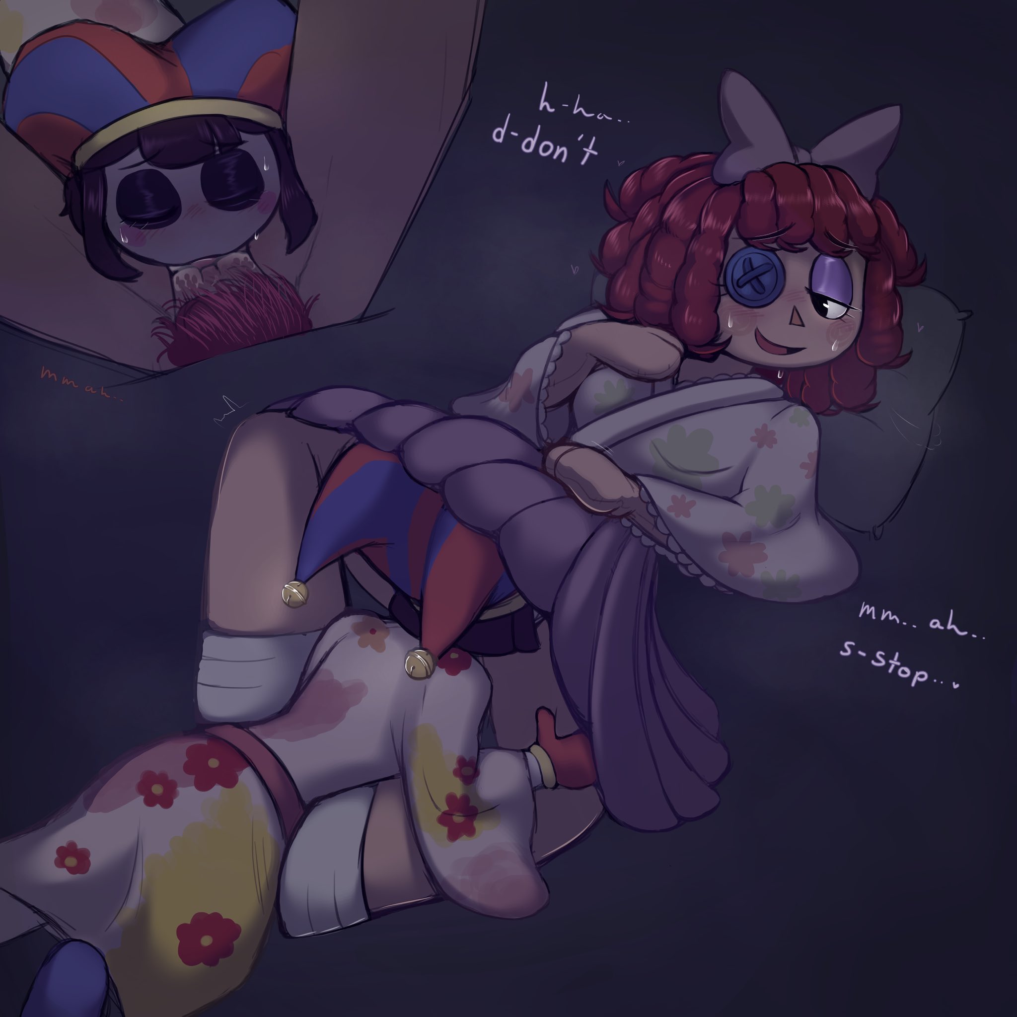 2girls, blush, brown hair, button eyes, cunnilingus, dialogue, female, female only, female pov, female/female, glaceanon, glitch productions, looking pleasured, pomni (the amazing digital circus), pov, ragatha (the amazing digital circus), text, the amazing digital circus, yuri