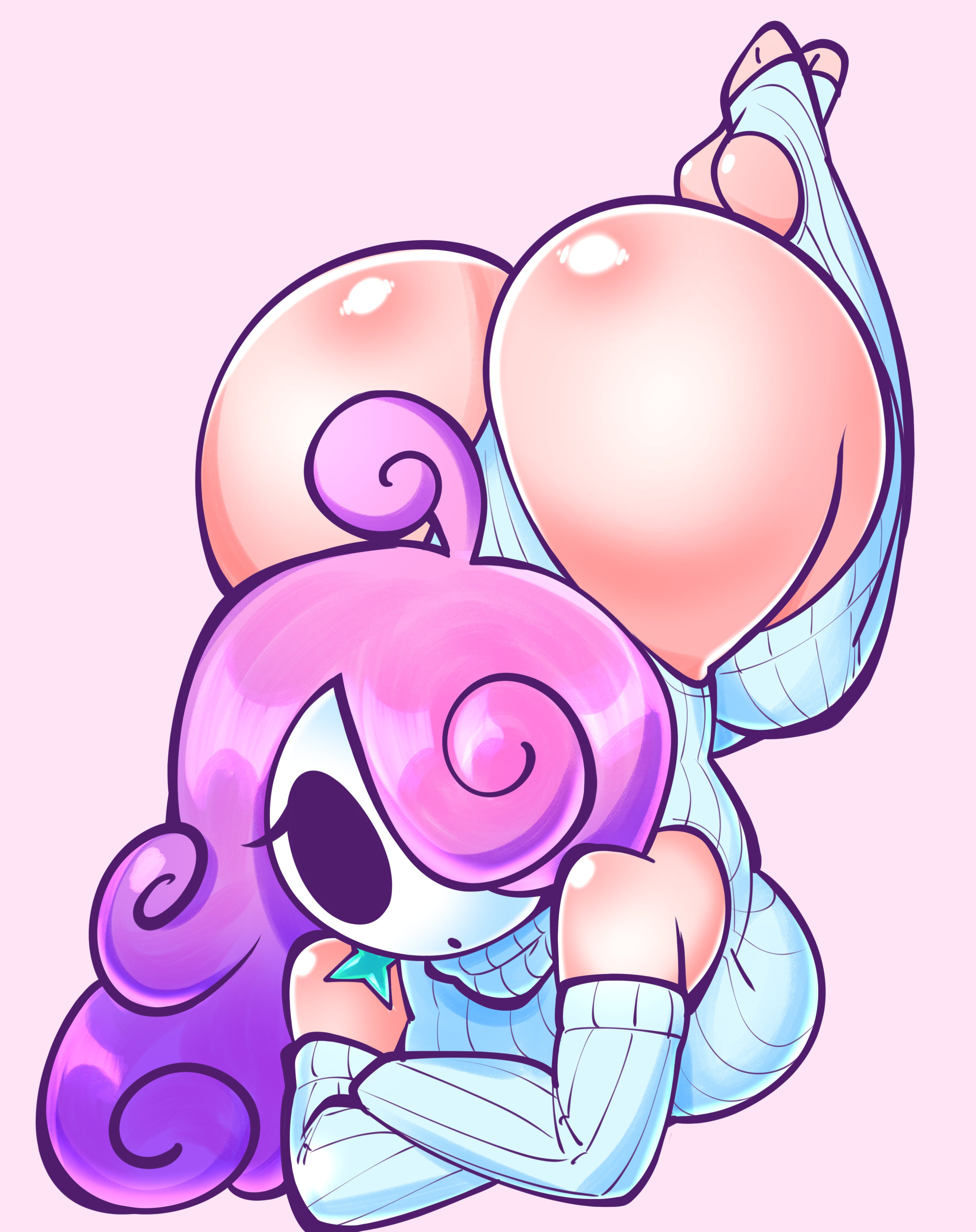 ass, ass focus, beads, big ass, blue earrings, earring, jek korpen, looking at viewer, masked female, pink hair, shiny skin, shoulder cutout, shy gal, stirrup legwear, stirrup socks, stirrup stockings, stirrup thighhighs, tight clothing, virgin killer sweater, white leggings, white sweater