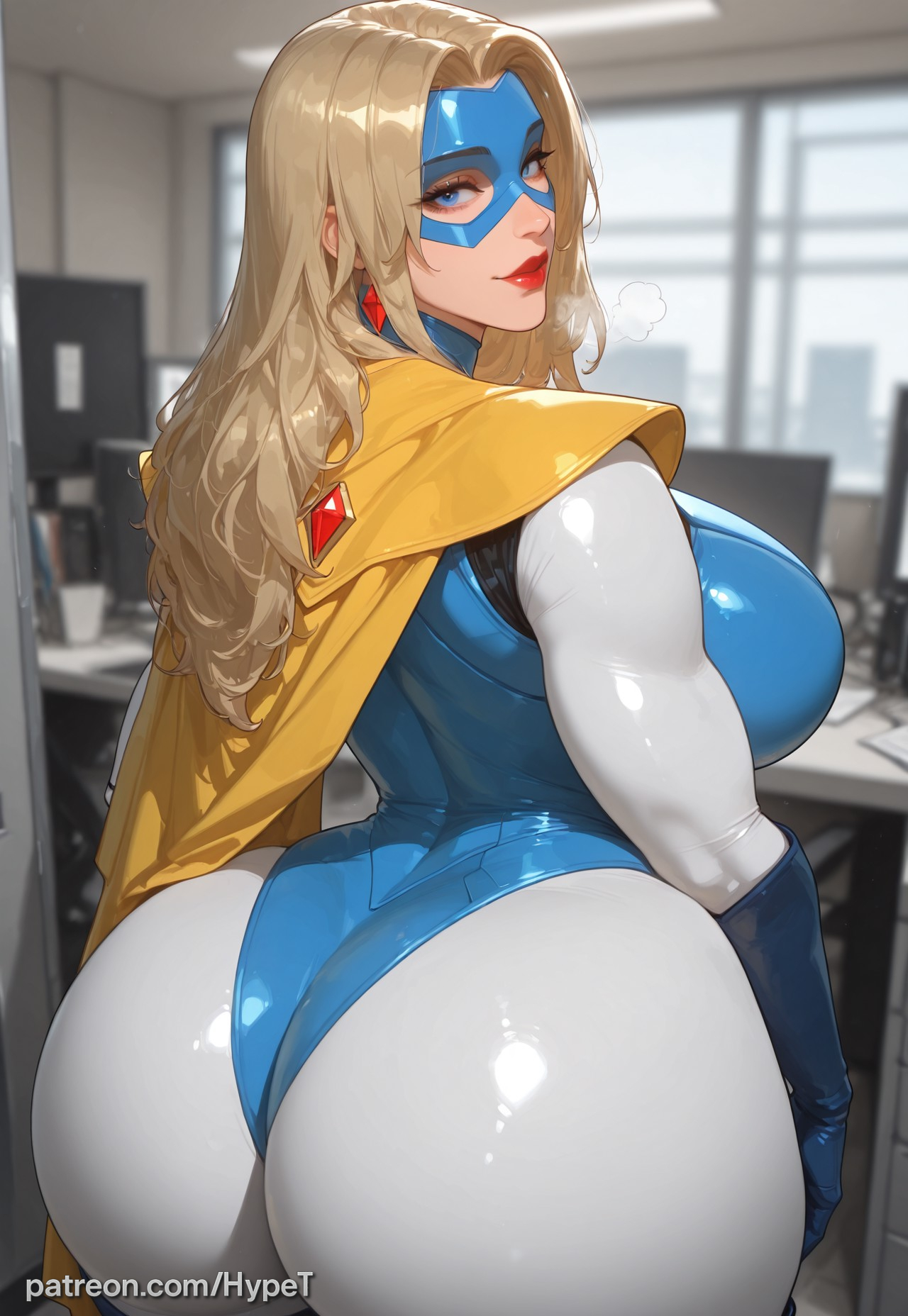 1girls, ai generated, alternate version at source, ass, big breasts, blonde blazer, blonde female, blonde hair, blonde-haired female, breasts, dispatch (game), fat ass, female, female only, hips, hypet, indoors, lips, lipstick, looking at viewer, mask, office, shiny, shiny skin, steam, suit, superheroine, tagme, thick, thick ass, thick hips, thick legs, thick thighs, thighs, tight clothing, tight fit, video game character, video games, wet, wide hips