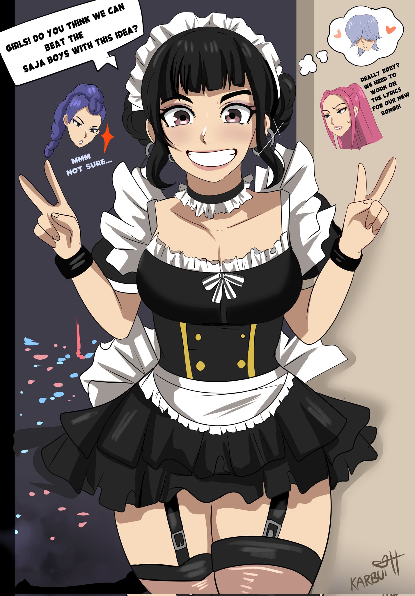 1boy, 3girls, artist name, black bracelet, black bracelets, black hair, bow, bracelet, bracelets, breasts, cleavage, double v, double v sign, earrings, english text, female, hoop earrings, karbuitt, kpop demon hunters, large breasts, looking at viewer, maid, maid dress, maid headdress, maid outfit, maid uniform, male, mira (kpop demon hunters), mystery (kpop demon hunters), pink hair, purple hair, rumi (kpop demon hunters), short hair, speech bubble, text, text bubble, thick thighs, thighhighs, thighs, thought bubble, trying on clothes, zoey (kpop demon hunters)
