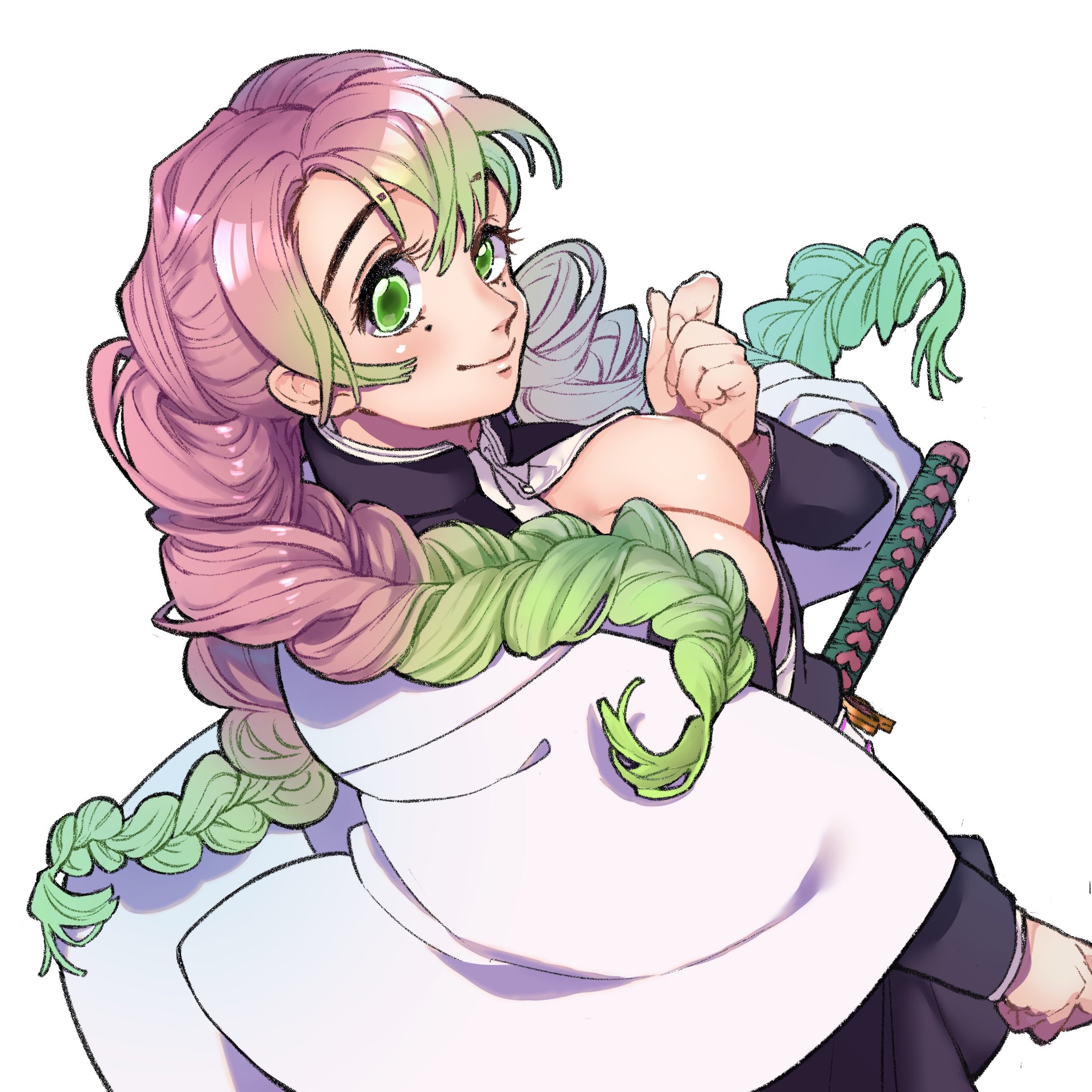 1girls, absurdres, benkeinazuna, blush, blushing, braided hair, braided ponytail, braided twintails, braids, breasts, cleavage, cleavage cutout, demon slayer, demon slayer uniform, female, freckles, freckles on face, green eyes, green hair, highres, kanroji mitsuri, katana, kimetsu no yaiba, large breasts, light blush, long hair, multicolored hair, open shirt, pink hair, pink-haired female, sheath, sheathed, smile, solo, sword, weapon