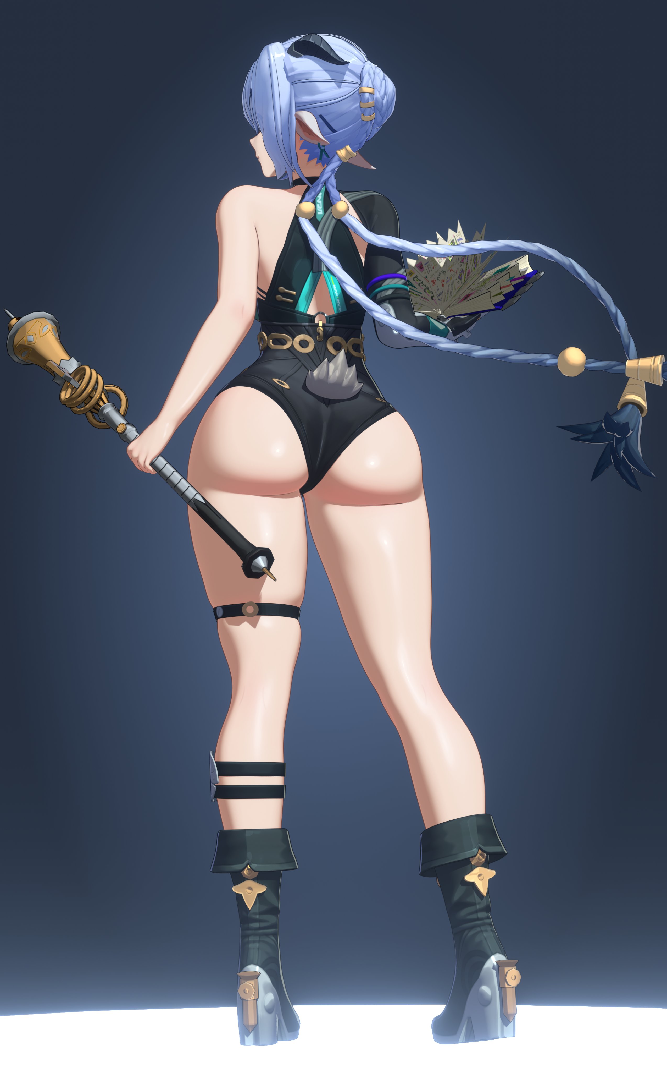 1girls, 3d, 3d render, animal ears, animal tail, ass, ass hanging out, bare shoulders, black footwear, black leotard, blue hair, book, boots, braid, bubble butt, bunny tail, clothed female, clothing, curvaceous female, ear, earrings, female, female only, footwear, from behind, full body, futaholic, hair bun, hair ornament, high heel boots, high heels, holding, holding book, holding object, holding wand, horns, hourglass figure, jewelry, leotard, light skin, light-skinned female, long hair, lucia elowen, mihoyo technology (shanghai) co. ltd., pale skin, pale-skinned female, pointed ears, shoes, simple background, single bare shoulder, skin tight, skindentation, solo, solo focus, standing, tail, thick thighs, thigh strap, thighs, tied hair, tight clothes, tight clothing, tight fit, toned, toned female, twin braids, twintails, very long hair, video game, video game character, video game franchise, wand, wide hips, zenless zone zero