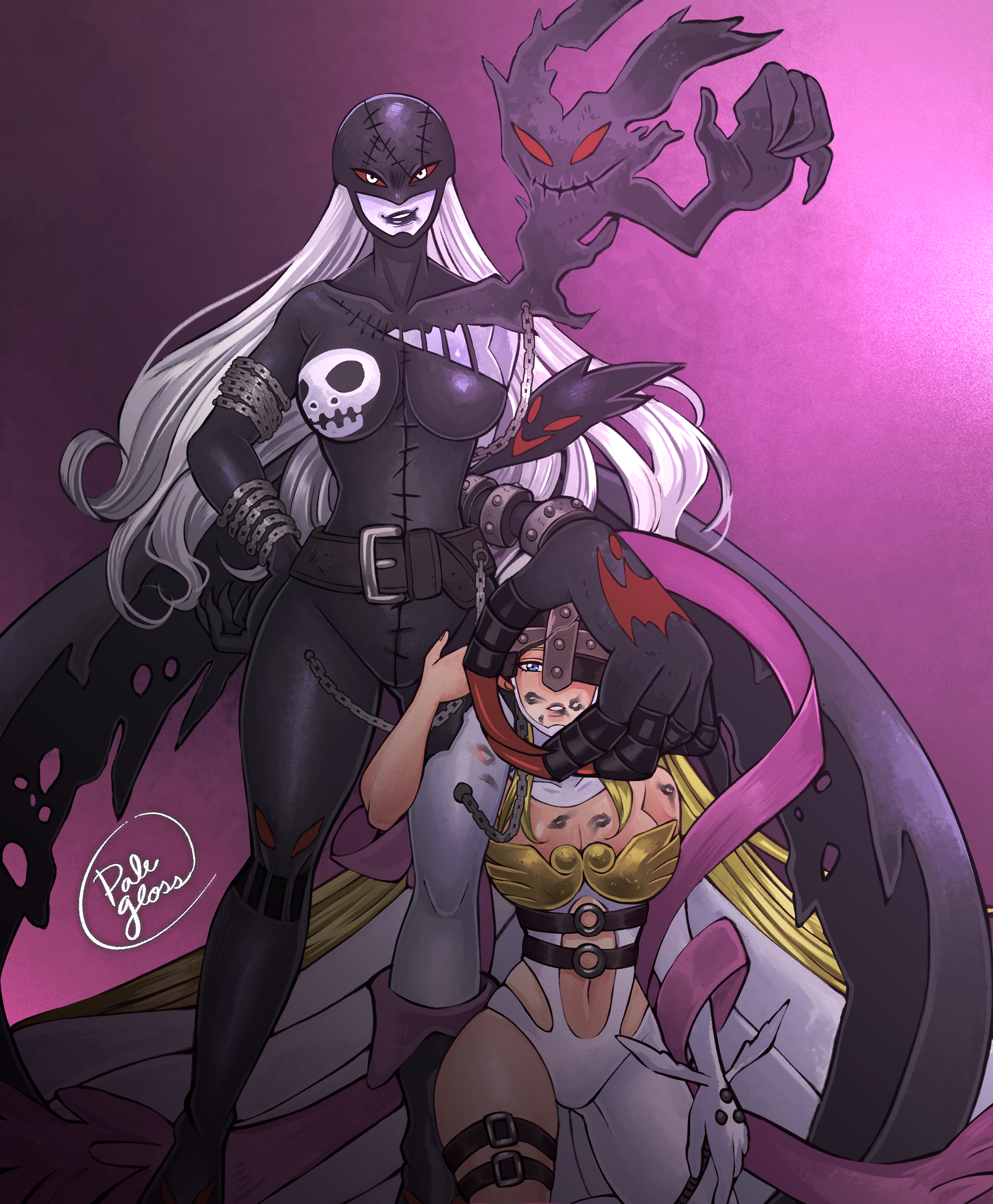 2girls, angewomon, armor, artist logo, bat symbol, belly button, belt, blonde female, blonde hair, blue eyes, bodysuit, boots, breast armor, breasts, broken helmet, chains, clawed fingers, clawed hands, claws, cleavage, clothed, clothed female, commission, commission art, commissioner upload, defeated, defeated heroine, digimon, digimon (species), digimon adventure, female, femdom, gray hair, grey hair, grey skin, hand on another's head, hand on head, hand on hip, hand on own hip, helmet, huge hand, huge hands, hugging leg, hugging legs, kiss mark, kneeling, ladydevimon, large breasts, lipstick, lipstick mark, lipstick on breast, lipstick on face, lipstick on thighs, long hair, navel, palegloss, piercing, piercings, red eyes, red sclera, skull print, smeared lipstick, smirk, smirking, smirking at viewer, stitches, submissive, submissive female, tagme, torn clothes, torn clothing, white pupils, wings, wrist cuffs, wrist wings