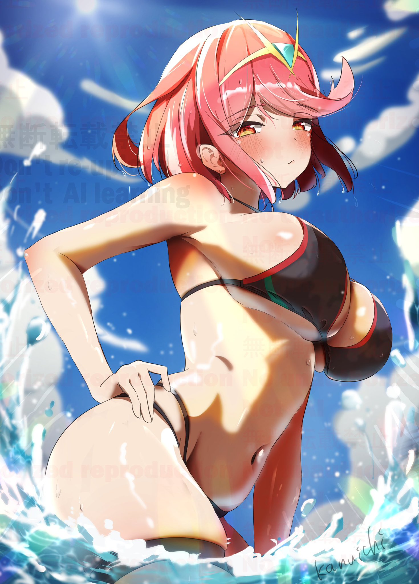 1girls, bangs, bare shoulders, big breasts, bikini, blue sky, blush, breasts, day, female, female only, gem, hand on hip, jewelry, kanuitichrom, large breasts, looking at viewer, navel, outdoors, pyra, red eyes, red hair, short hair, sidelocks, skindentation, sky, solo, swept bangs, swimsuit, tiara, water, xenoblade (series), xenoblade chronicles 2