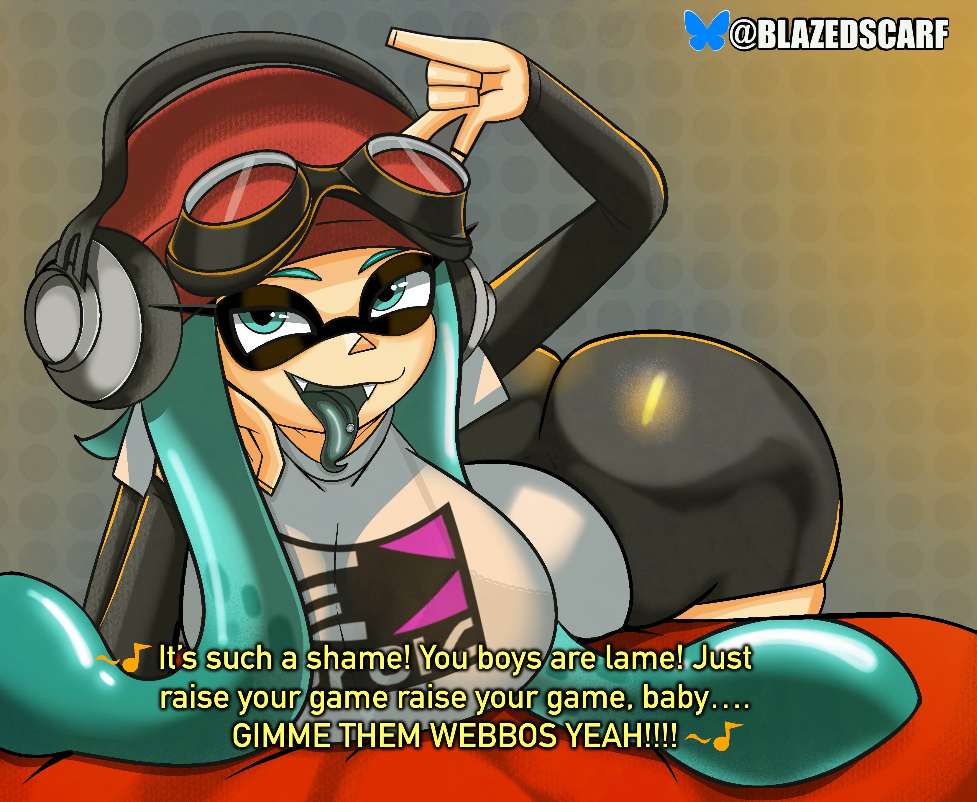 big ass, big breasts, big butt, blazedscarf, bra, breasts, cosplay, halloween, inkling, inkling girl, inkling meggy, meggy spletzer, nintendo, original character, see-through clothing, see-through shirt, smg4, splatoon, splatoon (series), text, thick hips, thick thighs, venus (blazedscarf)