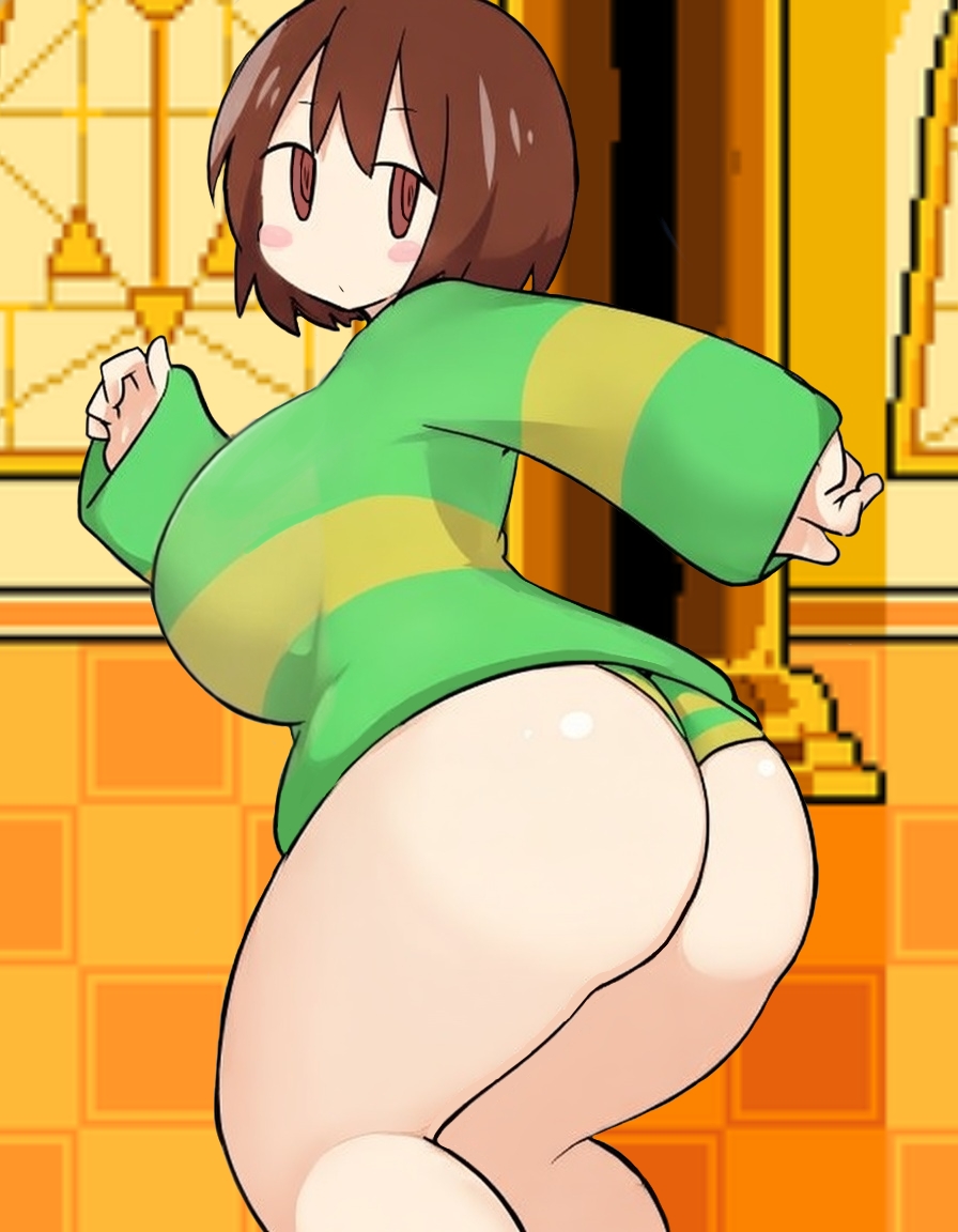 1girls, ai assisted, big ass, big breasts, blush, breasts, brown eyes, chara, edit, edited, female, female chara, green sweater, huge ass, huge breasts, light blush, looking at viewer, looking back, petronoise, petronoise (edit), thicc, thick ass, thick thighs, undertale, undertale (series)