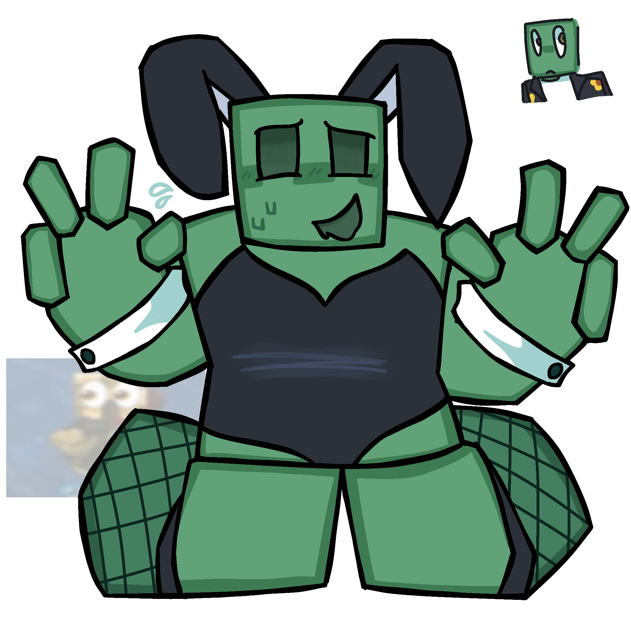 avery the mayo, averythemayo, bald, black bunny ears, black bunnysuit, blush, blush lines, blushing, bunny ears, bunnysuit, color, colored, fishnets, green body, green eyes, green skin, looking at viewer, mcyt, minecraft, minecraft arg, minecraft youtubers, nervous sweat, on knees, open mouth, searching for a world that doesn't exist, searching for a world that doesnt exist, sweat, sweatdrop, sweating, sweaty, tagme, twitch, twitch streamer, twitch.tv, twitter, twitter username, white background, youtube, youtuber, youtubers