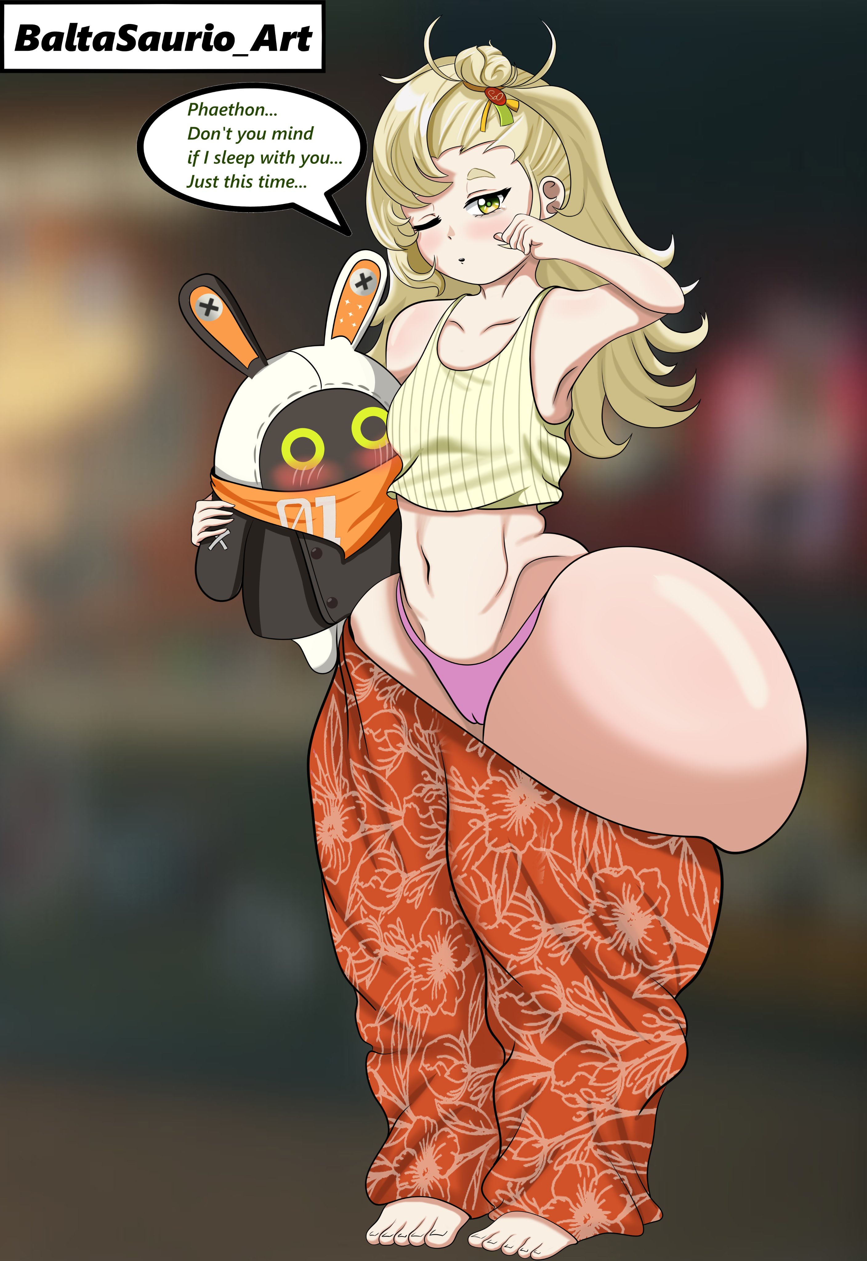 ass, ass body, baltasaurioart, blonde hair, bottom heavy, dialogue, female, hoyoverse, huge ass, mihoyo, pajamas, piper wheel, rubbing eyes, sleepy, text, zenless zone zero