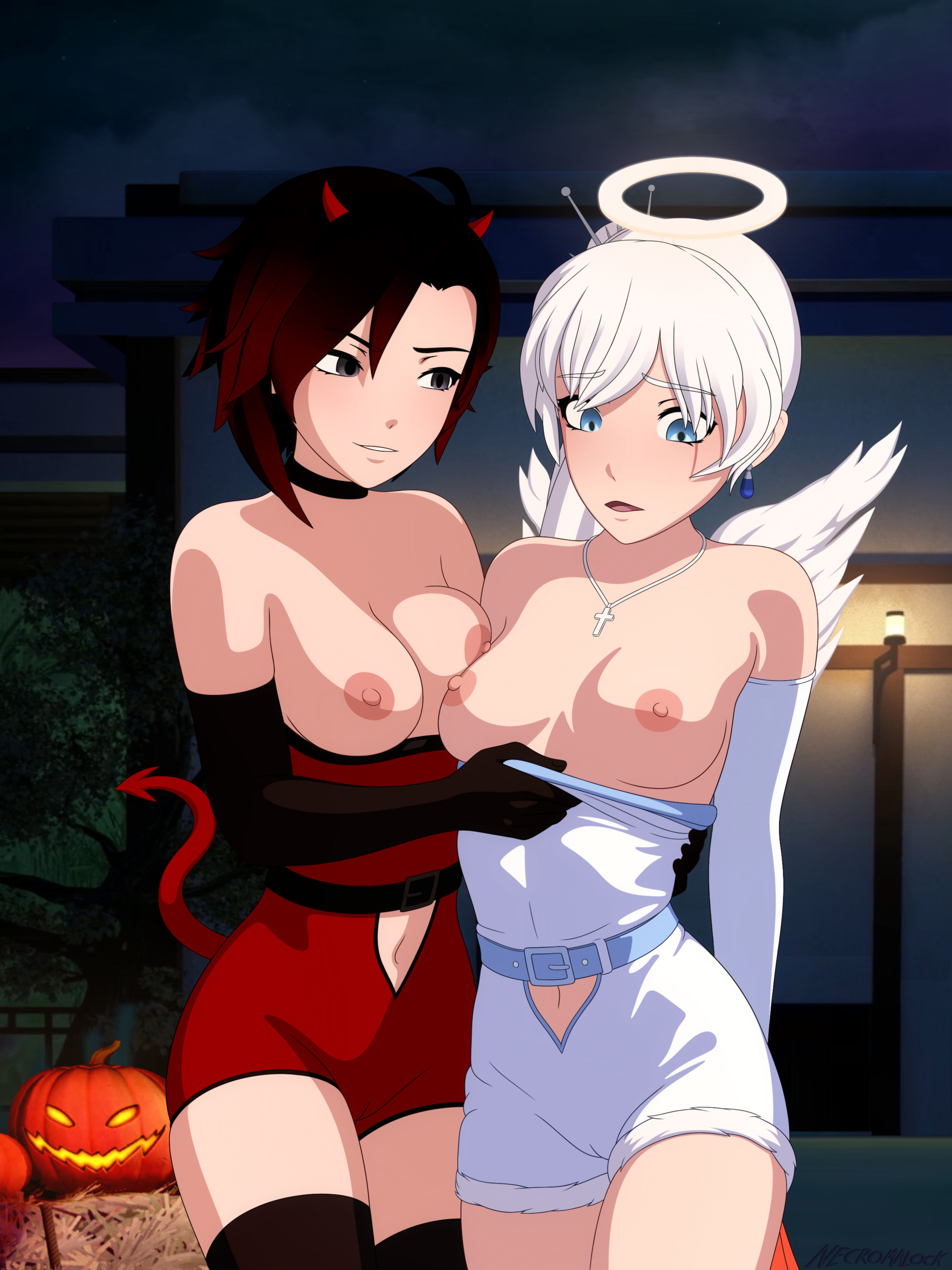 2girls, angel costume, angel wings, black hair, black hair female, breasts, devil costume, devil tail, fake devil horns, fake horns, female, female only, long hair, long hair female, necromalock, pulling down, red highlights, revealing breasts, ruby rose, rwby, showing breasts, weiss schnee, white hair, white hair female