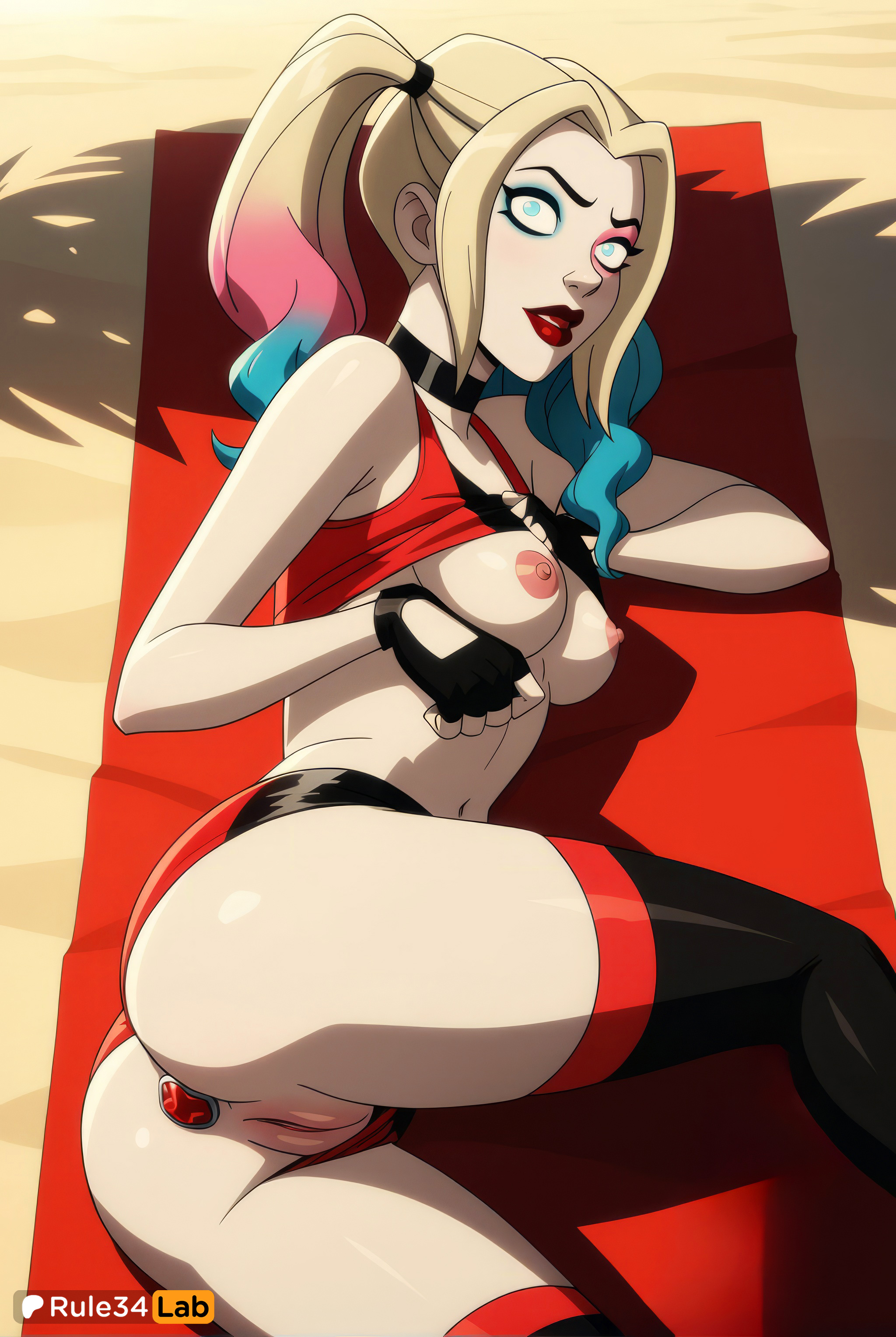 1girls, ai generated, anal, anal beads, anal object insertion, artist name, ass, black choker, black gloves, black thighhighs, blonde hair, blue eyes, blue hair, breasts, butt plug, choker, clothes lift, clothing aside, dc, dc comics, eyeshadow, female, female only, fingerless gloves, gloves, gradient hair, harley quinn, harley quinn (series), hi res, lips, lipstick, long hair, looking at viewer, lying, makeup, medium breasts, multicolored hair, navel, nipples, object insertion, on side, patreon username, pussy, red lips, rule34lab, shirt lift, shorts, solo, tank top, thighhighs, towel, twintails, uncensored, watermark