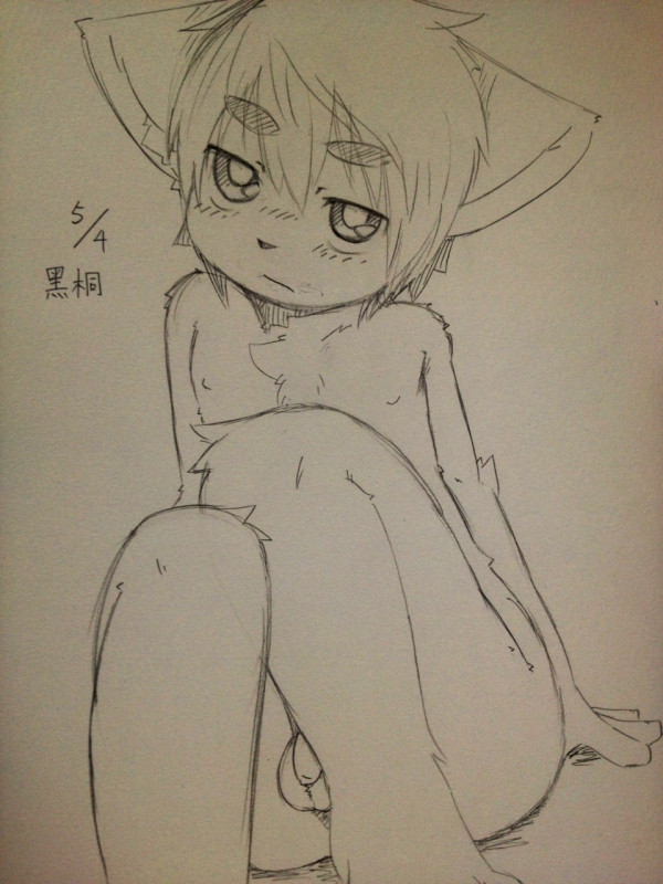 1boy anthro balls big_ears big_eyes chubby cute eyebrows flaccid hair humanoid_penis kemono male male_only monochrome nude penis plain_background sirotae_konnta sketch small_penis solo uncut young