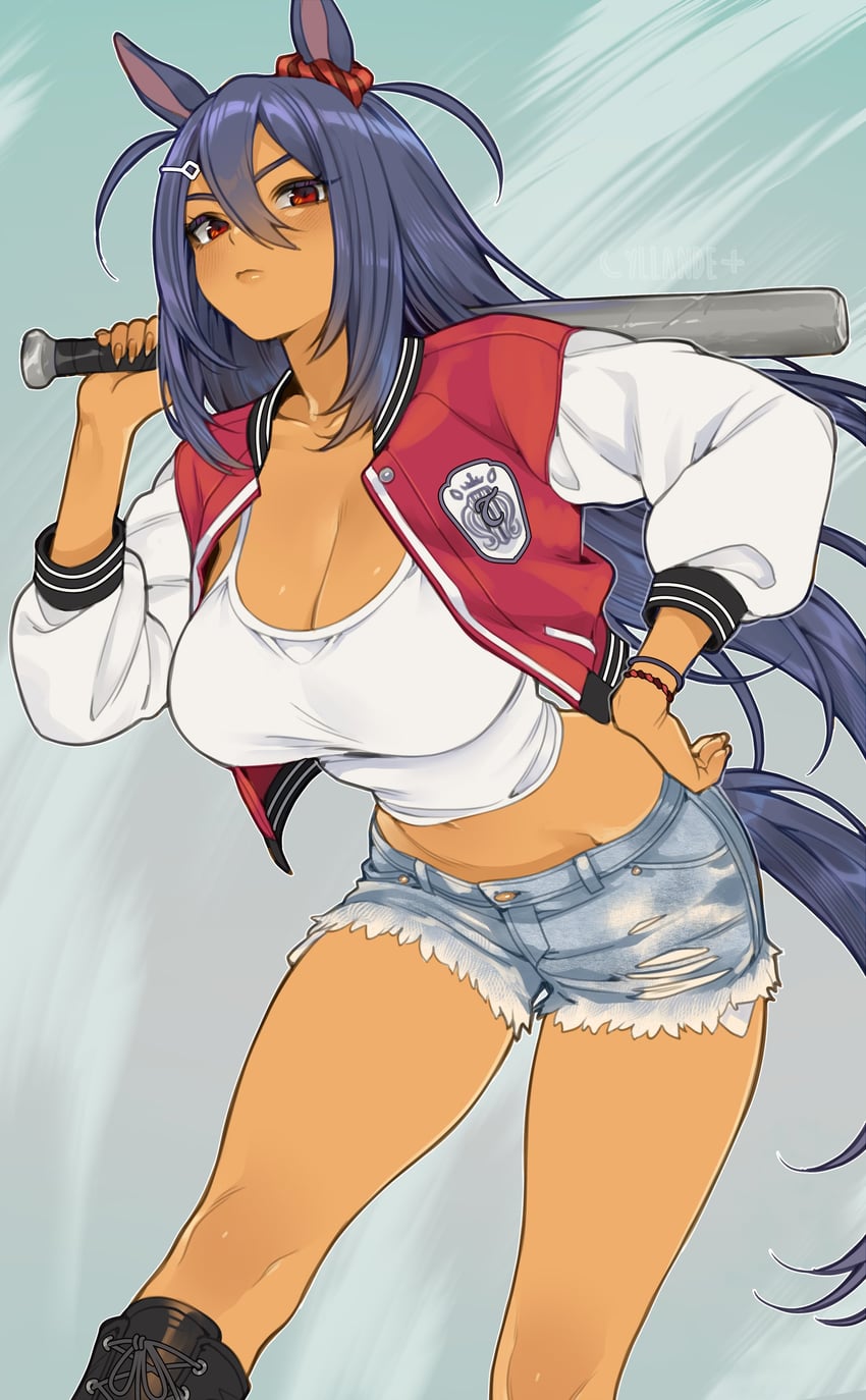 animal ears, animal tail, armband, artist name, baseball bat, bat (object), black boots, black hair, blush, boots, breasts, clavicle, cleavage, ear ornament, eyelashes visible through hair, grey background, hair between eyes, hair ornament, hairtie, hand on hip, hips, hishi amazon (umamusume), horse ears, horse girl, horse tail, jacket, jacket open, jean shorts, lips, long hair, looking at viewer, looking down, medium breasts, midriff, navel, red eyes, shorts, tan body, tan skin, tank top, tanned, tanned female, thighs, torn jeans, umamusume, umamusume pretty derby, varsity jacket, white tank top, yiiande
