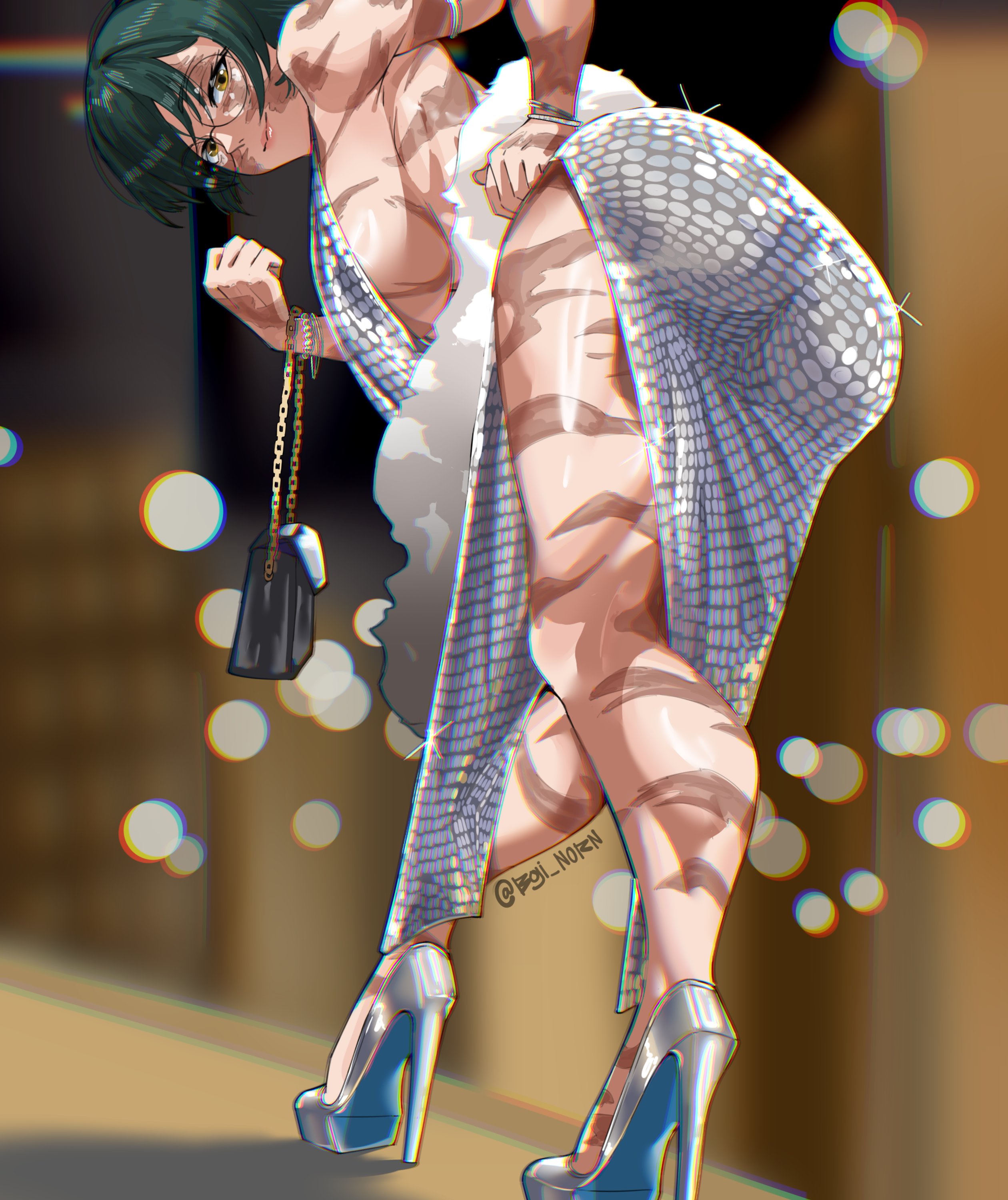 1girls, ass, big ass, big breasts, boji norn, bracelet, breasts, dress, female, female only, glasses, green hair, green-haired female, high heels, jujutsu kaisen, lens flare, looking at viewer, looking back, scars, short hair, solo, tagme, zenin maki
