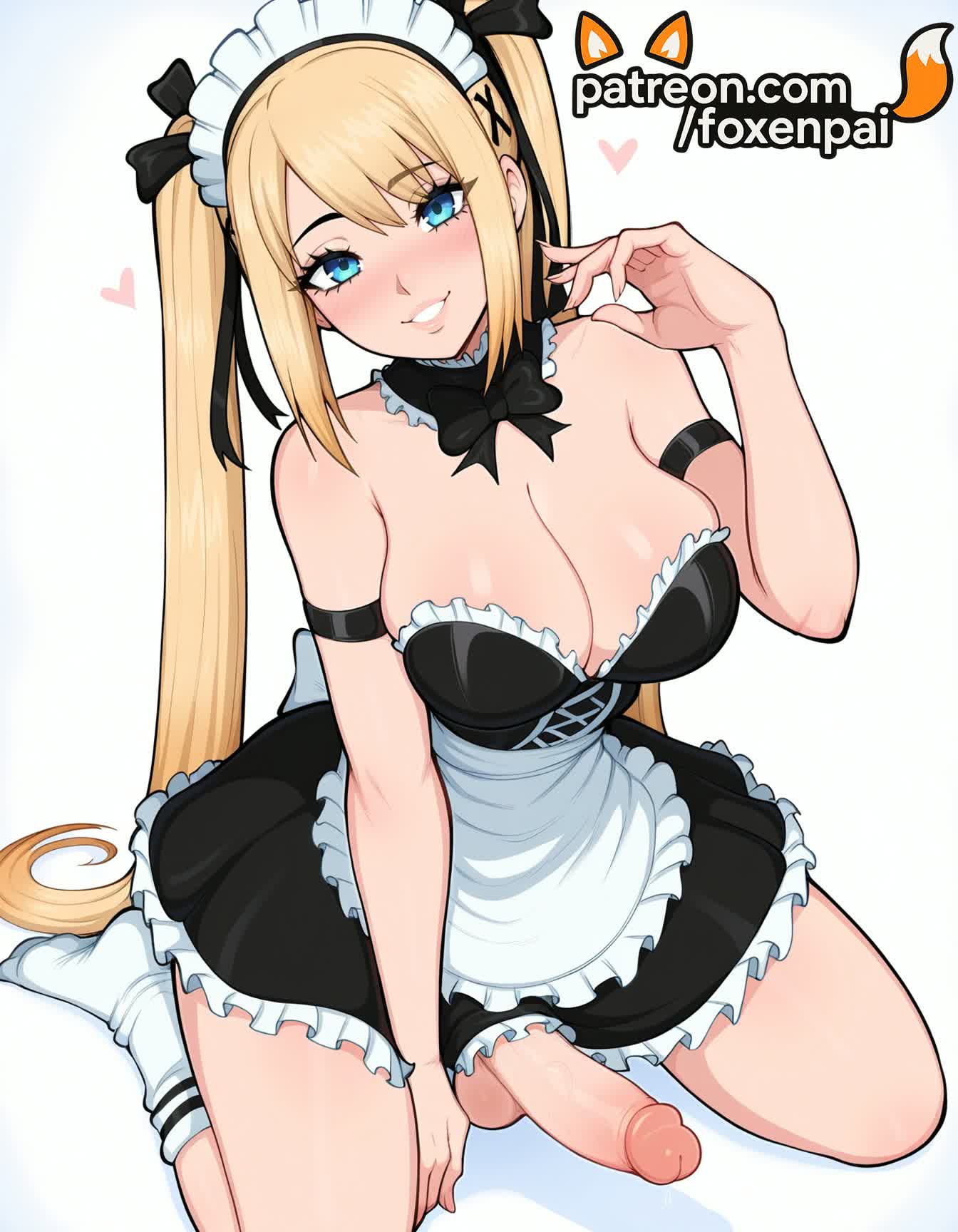 1futa, 2025, ai generated, apron, arm garter, armband, artist name, big breasts, big chest, blue eyes, blush, breasts, bust, busty, chest, cleavage, cock, dead or alive, dick, enmaided, erection, foxenpai, frilled apron, frills, futanari, heart, hi res, high quality, high resolution, highres, large breasts, long hair, maid, maid apron, maid headdress, marie rose, patreon, patreon username, penis, solo, stable diffusion, testicles, twintails, uncensored, very long hair, waist apron, watermark, white apron