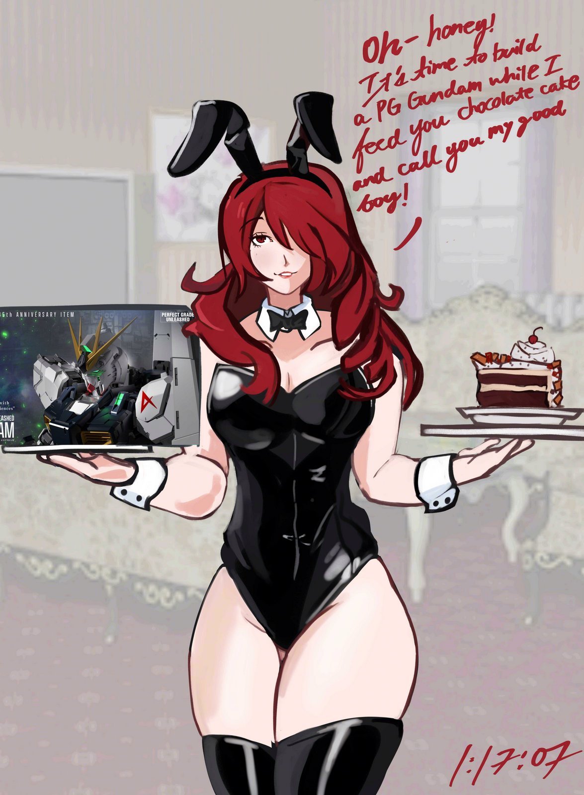 1girls, a mans dream, atlus, breasts, bunny ears, bunnysuit, cake, chocolate cake, chocolate cake gameboy and me, gundam, hair over one eye, jude the obscured, megami tensei, mitsuru kirijo, persona, persona 3, picket fences (series), red hair, reference, sega, smile, solo, thick thighs