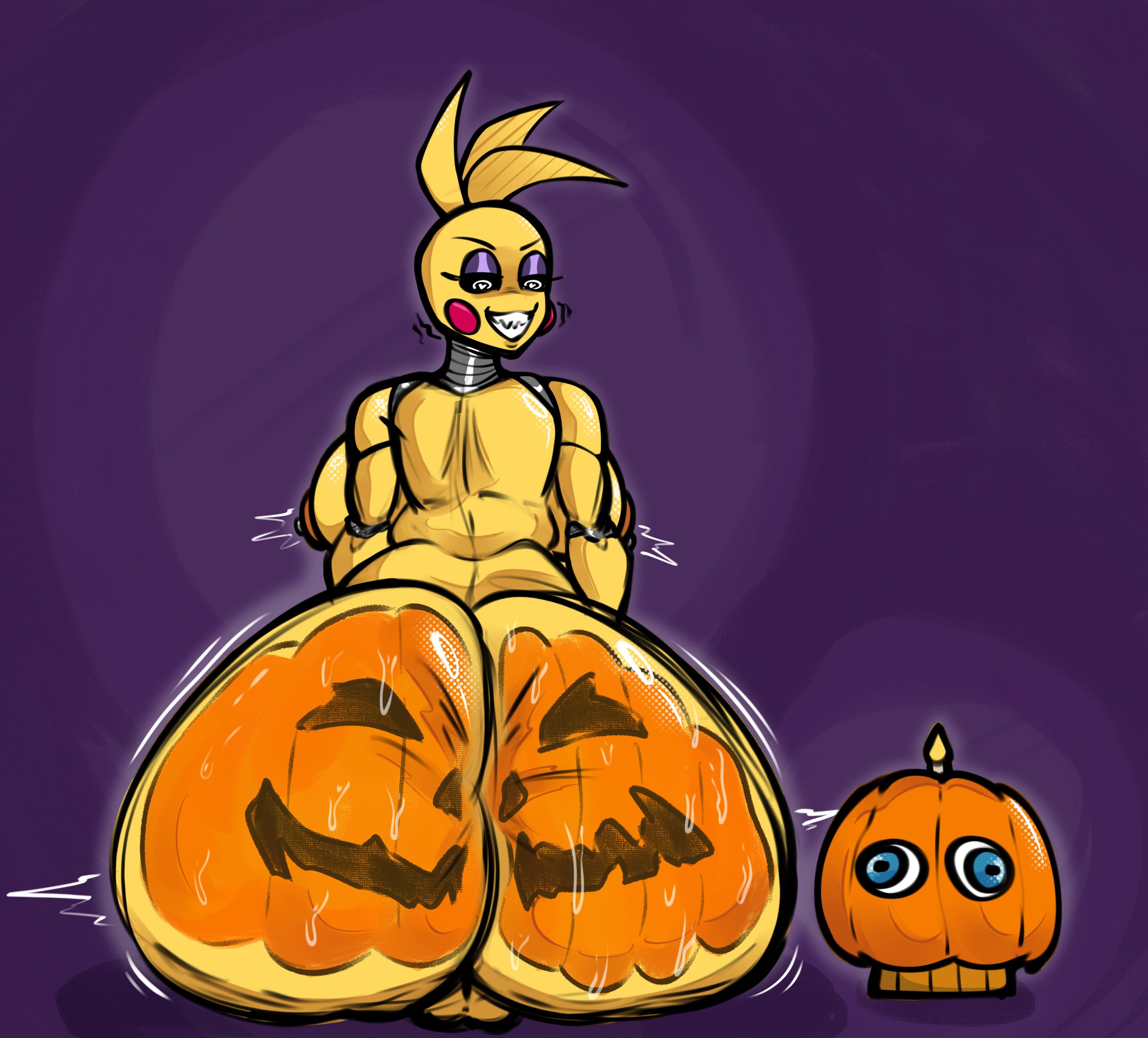 1girls, ass, ass focus, big ass, big breasts, breasts, chica (fnaf), female, female focus, female only, five nights at freddy's, fnaf, from behind, furry, furry only, halloween, huge ass, huge breasts, looking back, nipple piercing, painting, pierced nipples, piercing, piercings, pumpkin, pumpkin butt, pussy, robot, robot girl, short hair, sitting, smile, solo, solo female, solo focus, thick, thick ass, thick thighs, toy chica (fnaf), x yarita