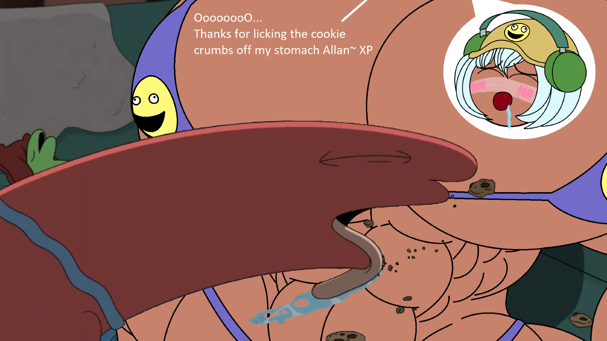 abs, alan (smiling friends), anonymous8055, bikini, blush, breasts, brown skin, cookie, dark skin, dolly dimpley, drooling, edit, edited, edited screencap, food, food play, get the fuck out, glep (smiling friends), huge breasts, large breasts, licking, saliva, screenshot edit, sleeping, smiling friends, tagme, what