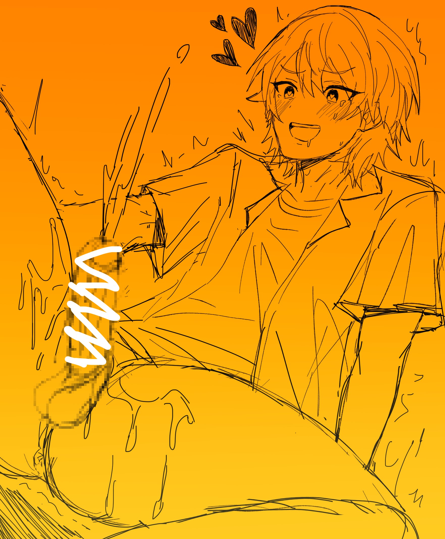 balls, blush, boy, censored, cum, cum drip, cum on thighs, drooling, ejaculation, gay, gay male, half-dressed, heart, heart-shaped pupils, male, male focus, male only, orgasm, orgasm face, project sekai, solo, solo focus, solo male, sweat, tenma tsukasa, trembling, twink, yaoi, zhukik