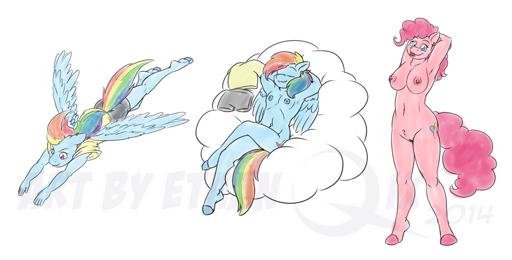 2014 anthro anthrofied blue_eyes clothing cloud cutie_mark equine ethanqix female flying friendship_is_magic group hooves horse mammal my_little_pony nipples nude pegasus pinkie_pie_(mlp) pony purple_eyes pussy rainbow_dash_(mlp) shorts sitting standing straight_hair tongue tongue_out wings