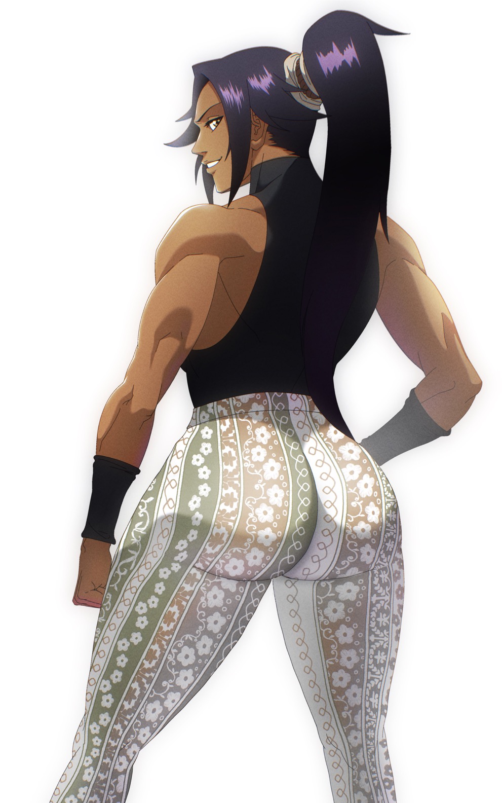 1girls, ass, ass focus, astrovspark, big ass, bleach, dark skin, dark-skinned female, female, female only, flare pants, forbidden pants, huge ass, large ass, muscular, muscular female, ponytail, purple hair, shihouin yoruichi, thick thighs