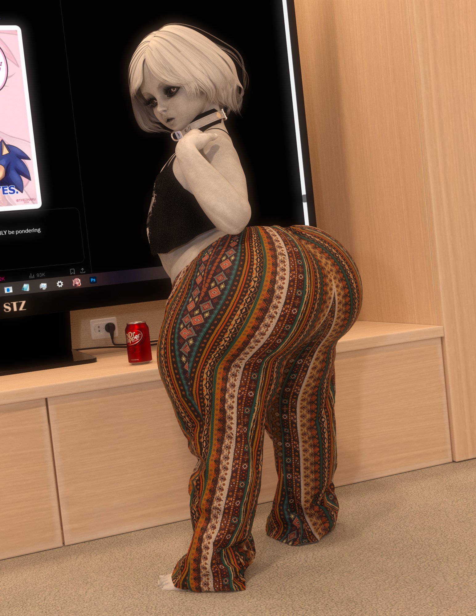 1girls, 3d, amy rose, ass, big ass, black sclera, female, flat chest, forbidden pants, huge ass, looking at viewer, rivaliant, sega, short hair, shortstack, sonic (series), sonic the hedgehog, standing, tank top, thezharu, white hair, white silk, white skin