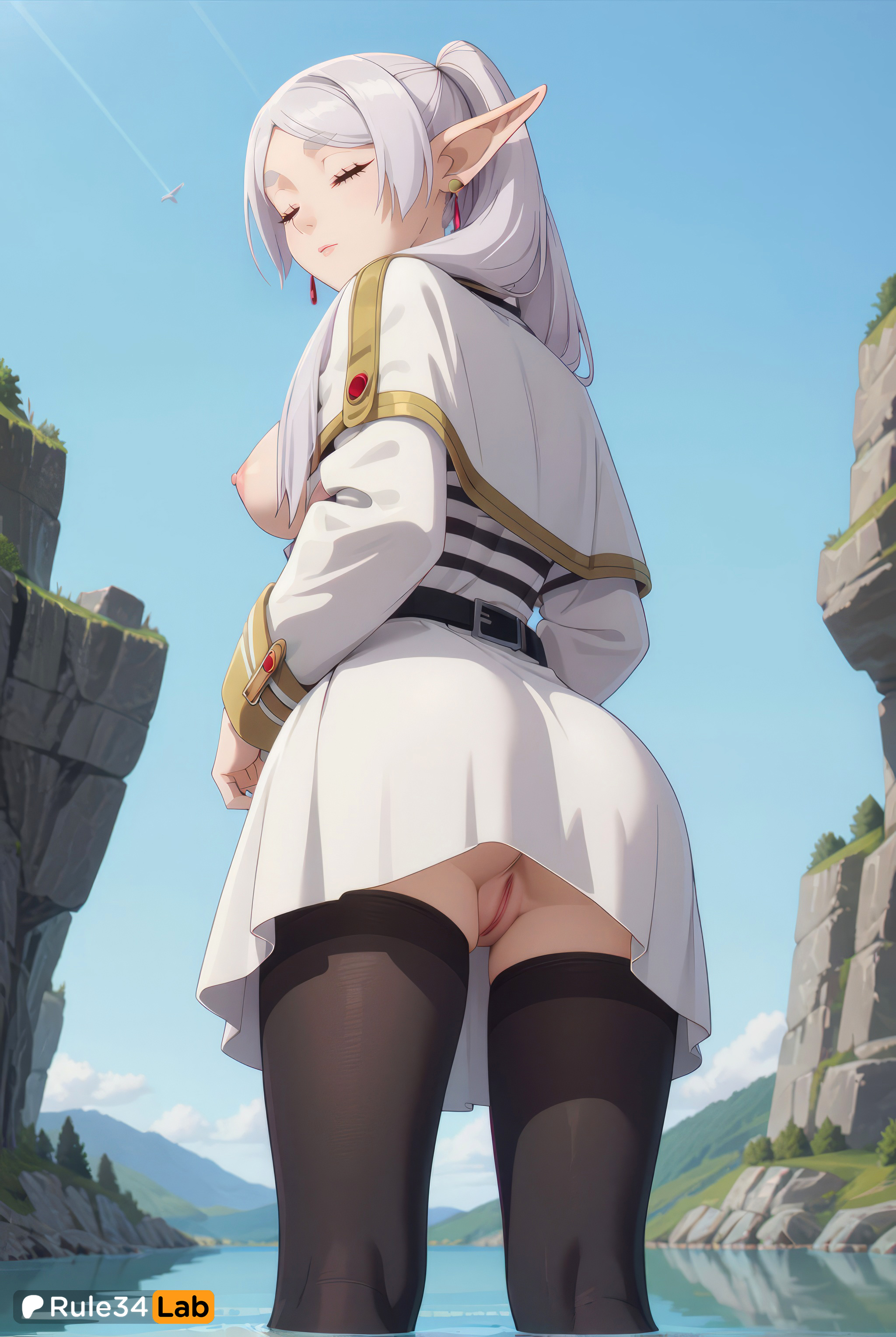 1girls, ai generated, ass, belt, black thighhighs, blue sky, breasts, breasts out, capelet, closed eyes, closed mouth, dangle earrings, day, drop earrings, earrings, elf, female, female only, frieren, frieren beyond journey's end, from behind, hi res, jewelry, long hair, long sleeves, medium breasts, nipples, no panties, outdoors, pointy ears, pussy, rule34lab, skirt, sky, solo, sousou no frieren, thighhighs, twintails, uncensored, wading, water, white capelet, white hair, white skirt