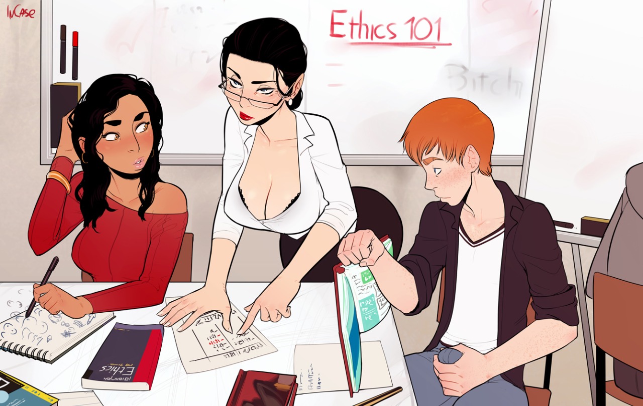 2girls, bisexual, black hair, blush, bra, bra cups sticking out, breasts, bulge, classroom, cleavage, earrings, erection, female, glasses, hair, incase, large breasts, long hair, male, shirt, sweater, teacher, teacher female
