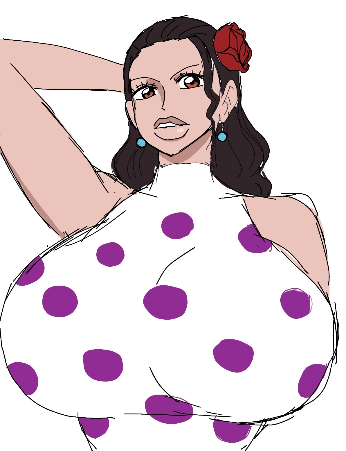 1girl, 1girls, 2d, 2d (artwork), alternate body type, alternate breast size, big breasts, breasts, breasts bigger than head, brown eyes, brown hair, busty, busty female, busty girl, clothing, curvy, curvy body, curvy female, curvy figure, digital drawing (artwork), digital media (artwork), earrings, female, female focus, female only, flower in hair, hands behind head, huge breasts, kissable lips, large breasts, lips, looking at viewer, mature, mature woman, momiji (artist), one piece, pirate, pirate girl, polka dot, polka dot dress, rose (flower), simple background, solo, solo female, solo focus, upper body, viola (one piece), white background