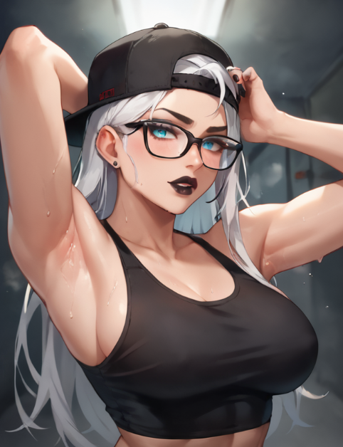 ai ai_generated allouette_(subboy01) armpits backwards_hat black_lipstick black_nails blue cleavage clothed clothed_female clothing eyes glasses hat lipstick looking_at_viewer nail_polish original original_character smooth_armpits subboy01 sweat tank_top white_hair