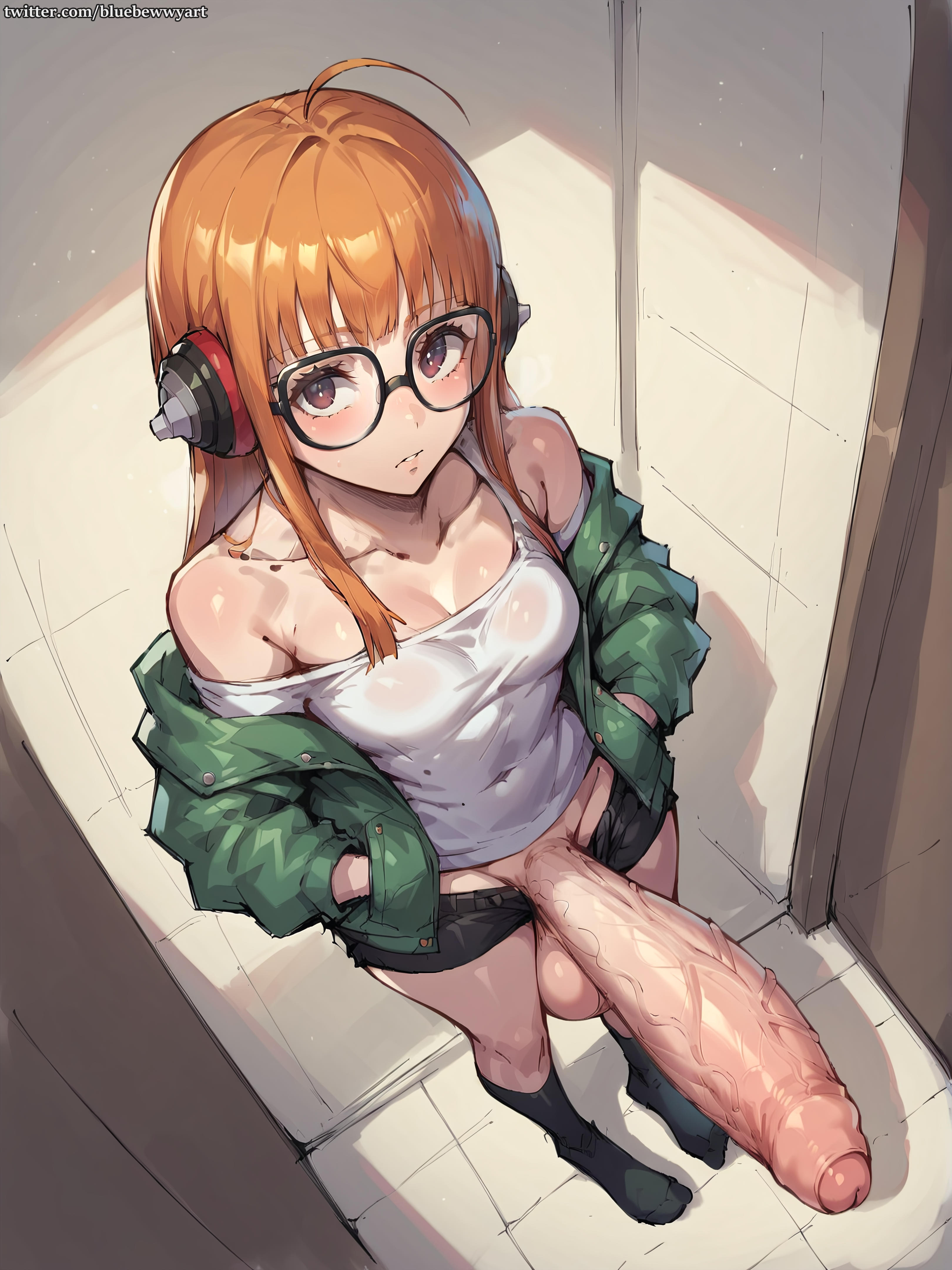 1futa, ai generated, balls, bluebewwy, blush, breasts, erection, foreskin, from above, futanari, glasses, huge cock, indoors, intersex, jacket, looking at viewer, orange hair, penis, persona, persona 5, sakura futaba, shirt, shorts, sketch, small breasts, solo, standing, straight hair, testicles, uncircumcised, veiny penis