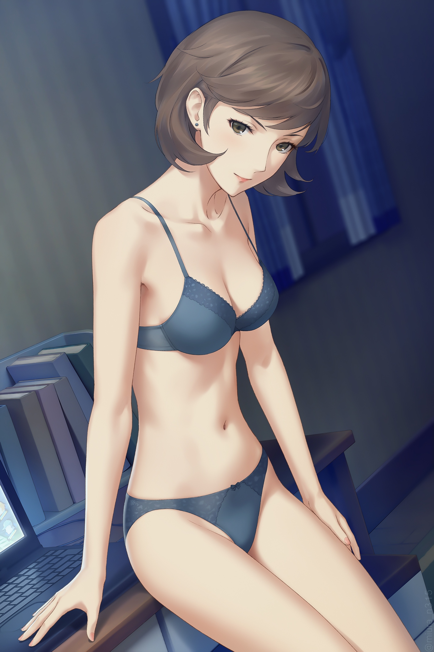 1girls, asian, asian female, atlus, blue bra, blue panties, bottomwear, bra, breasts, brown eyes, brown hair, ear piercing, earrings, female, female only, hair, lace, lace trim, lace-trimmed bra, lace-trimmed panties, legs together, lingerie, matching underwear, mature, mature female, medium breasts, miura-n315, panties, persona, persona 3, short hair, solo, solo female, thighs, topwear, toriumi isako