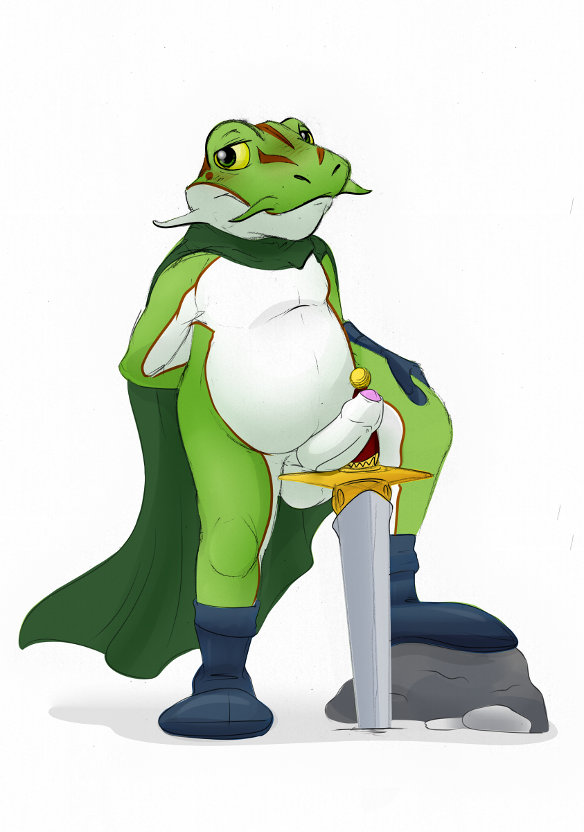 1boy 2014 amphibian anthro balls belly blush chrono_trigger chubby erection frog frog_(chrono_trigger) green_eyes humanoid_penis male male_only mysecretpornaccount penis plain_background pose solo step_pose sword uncut weapon white_background yellow_sclera