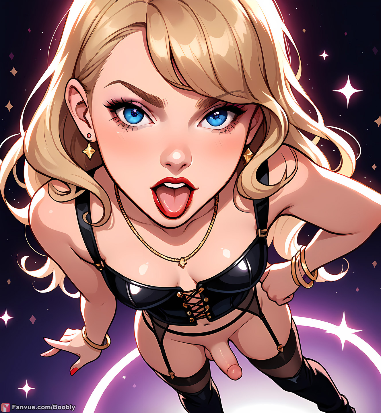1futa, ai generated, blonde hair, boobly, boots, breasts, celebrity, corset, from above, futanari, futanarization, garter belt, garter straps, girly, intersex, lingerie, medium breasts, necklace, rule 63, stockings, taylor swift, tongue