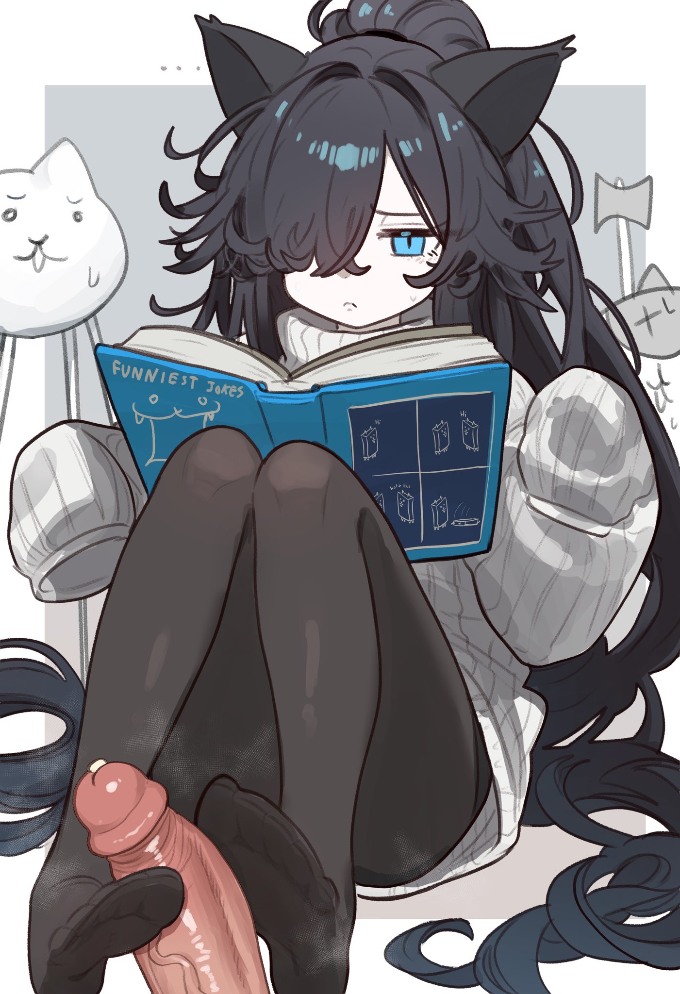 1boy, 1girls, blue eyes, cat ears, cat girl, catgirl, ebora, female, foot fetish, footjob, kasli the bane, loss, male, penis, precum, precum on penis, reading, sweater, the battle cats, tights