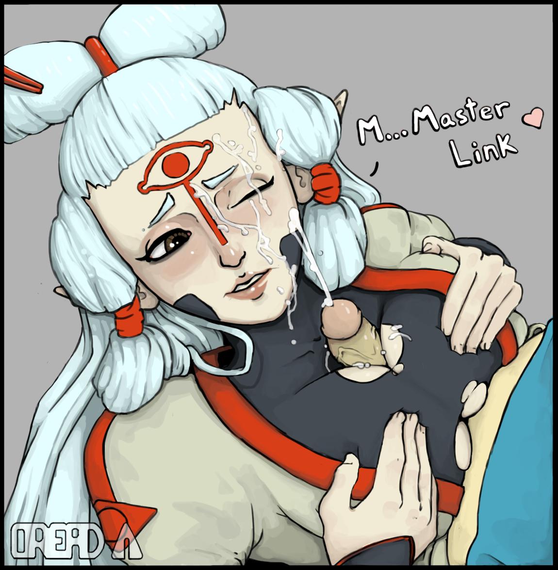 1boy, 1girls, 2019, 2d, 2d (artwork), artist logo, blank background, breasts, breath of the wild, clothed paizuri, clothed titfuck, clothed titjob, cum, cum on face, cumshot, facial, female, hands on own breasts, hylian, hylian ears, link, link (breath of the wild), male, one eye closed, oread, paizuri, paya (the legend of zelda), penis, penis between breasts, pointy ears, the legend of zelda, the legend of zelda: breath of the wild, titjob, white hair, white-haired female