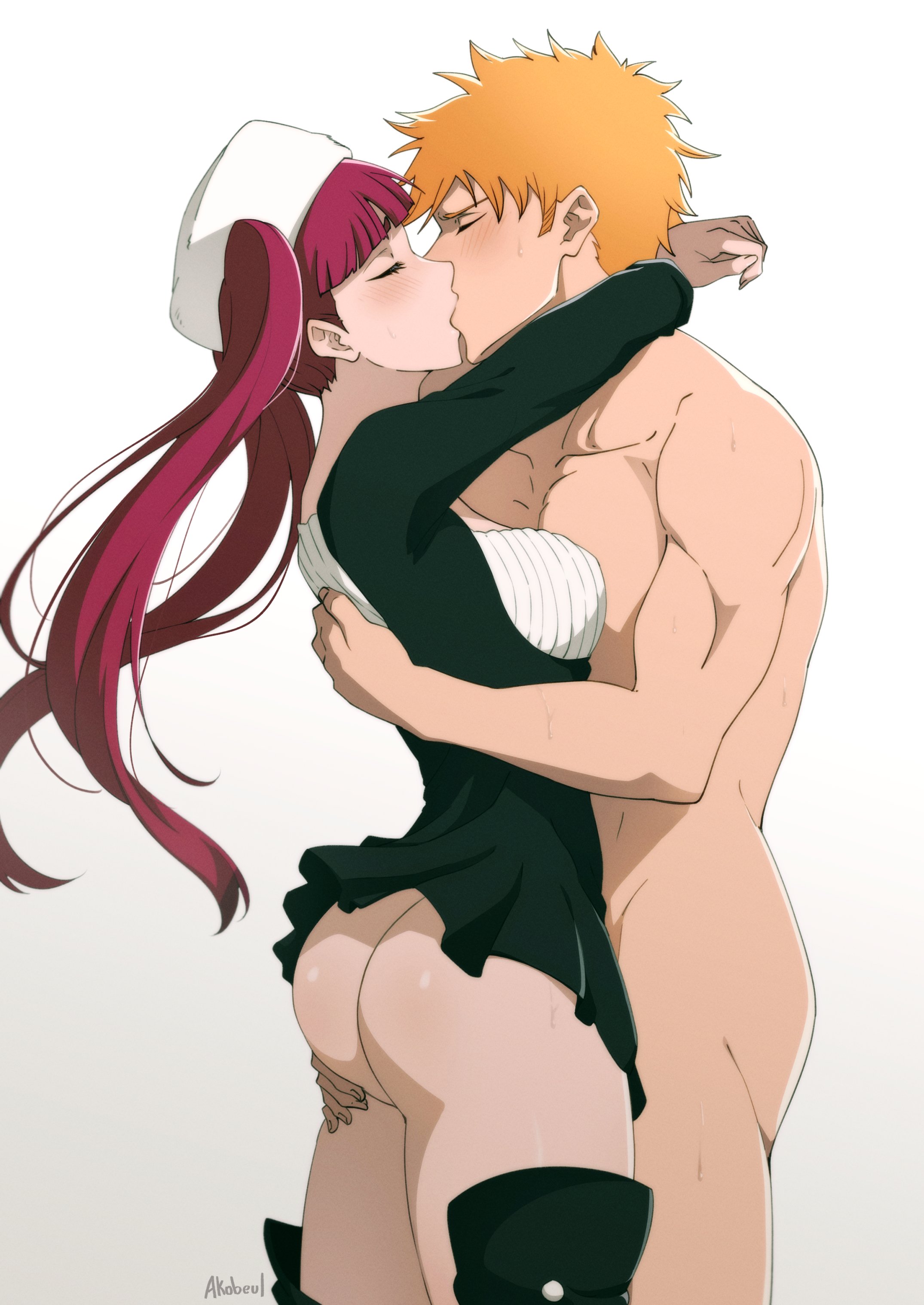 1boy, 1girls, absurdres, akobeul, arms around neck, artist name, ass, bare ass, black dress, bleach, boots, bottomless, bottomless female, breasts, cfnm, closed eyes, clothed female nude male, completely naked, completely naked male, completely nude, completely nude male, dokugamine riruka, dress, female, grabbing another's ass, grabbing ass, groping, hat, hetero, highres, hug, ichigo kurosaki, kiss, kissing, kurosaki ichigo, large breasts, long hair, male, male and female focus, naked, no panties, no underwear, nude, nude male, only one naked, orange hair, purple hair, romantic, short hair, simple background, straight, thigh boots, toned, toned male, twintails, white background