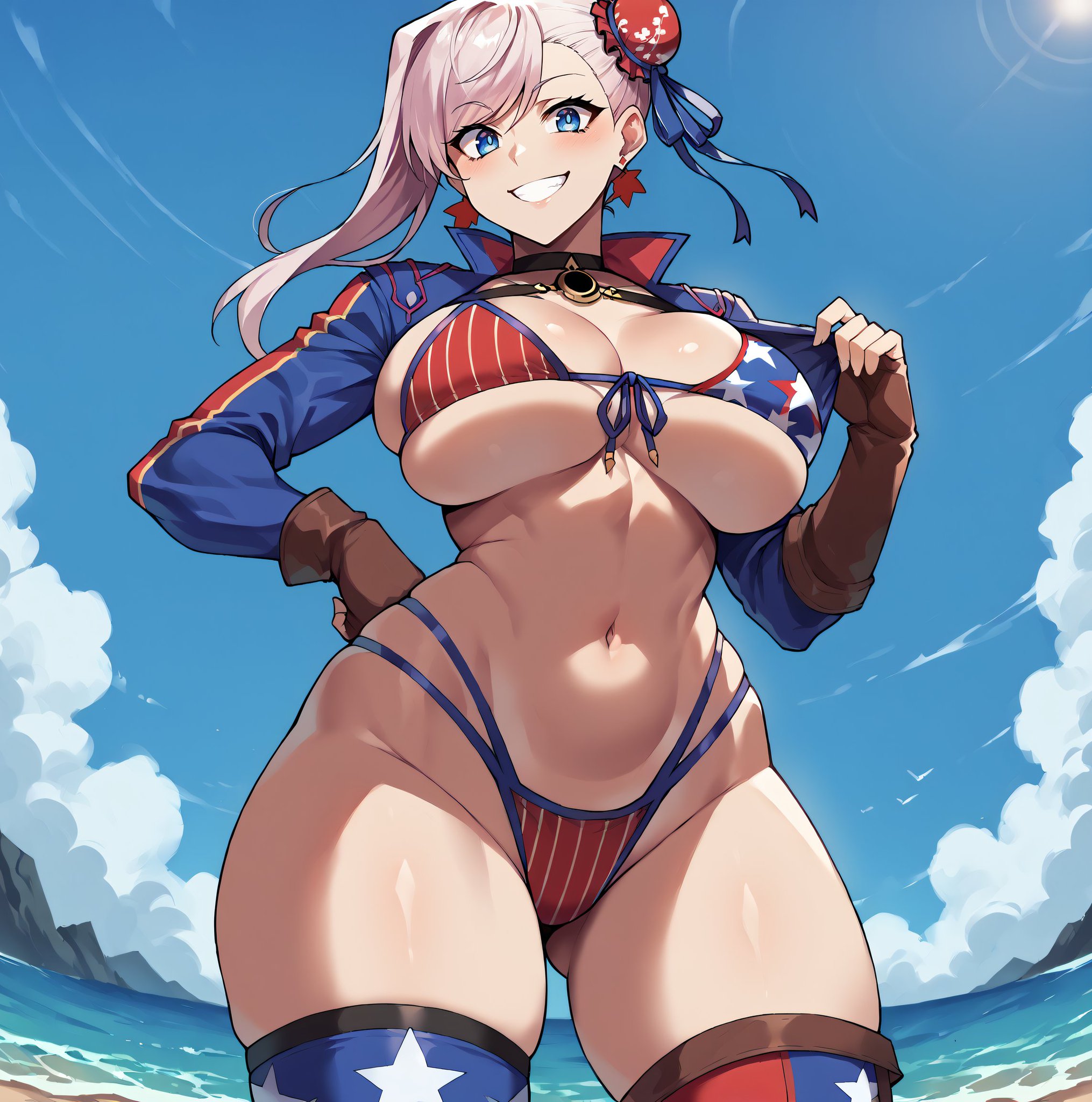 1girls, ai generated, athletic, athletic female, bare thighs, beach, bikini, blue eyes, breasts, fate (series), fate/grand order, female, gigantic breasts, hair bun, huge breasts, huge thighs, light skin, light-skinned female, looking down, low-angle view, massive breasts, miyamoto musashi (fate), miyamoto musashi (swimsuit berserker), pink hair, smiling, smogai, solo, solo female, squatting, sweat, sweatdrop, thick body, thick female, thick thighs, thighs, voluptuous, voluptuous female