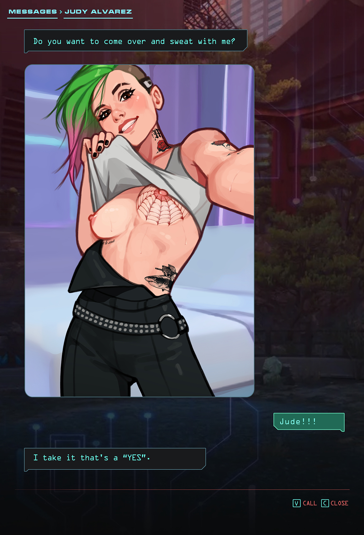 1girls, ass, big ass, big breasts, breasts, cd projekt red, curvaceous, curvy, curvy figure, cyberpunk (series), cyberpunk 2077, female, flashing breasts, hips, hourglass figure, judy alvarez, light skin, light-skinned female, mature, mature female, minko, nipples, sending nudes, slim waist, thick legs, thick thighs, thighs, voluptuous, waist