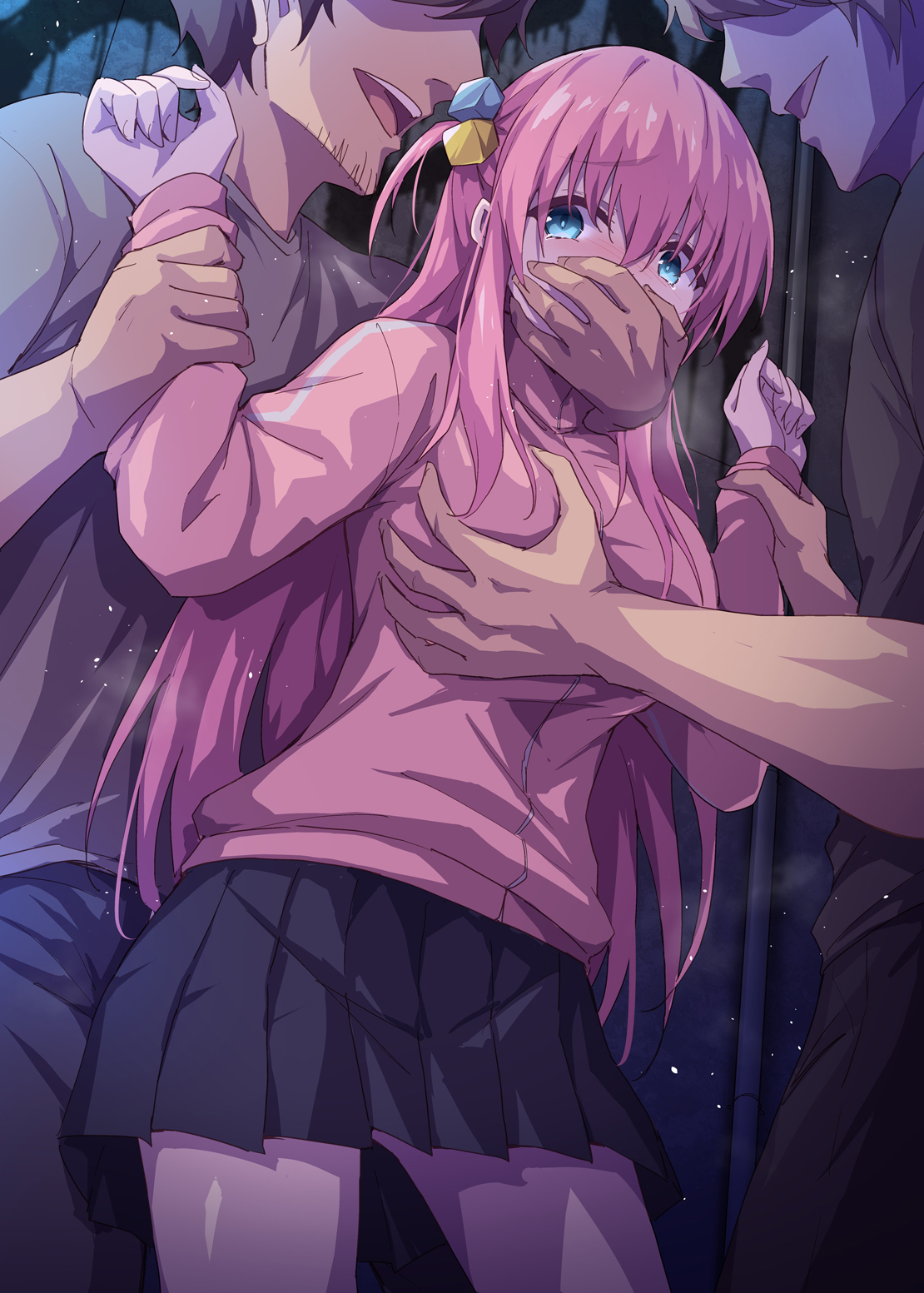 1girls, 2boys, alley, alleyway, alternate version available, aqua eyes, arms up, assisted rape, big breasts, blue eyes, blush, bocchi the rock!, breast grab, breasts, clothing, covering another's mouth, embarrassed, evil grin, evil smile, female, femsub, forced, fully clothed, gag, gagged, gotou hitori, grabbing another's breast, groping, groping breasts, hair ornament, hand over another's mouth, handgag, helpless, hi res, high resolution, highres, imminent rape, large breasts, light skin, light-skinned female, light-skinned male, long hair, looking back, male, maledom, marugoshi (54burger), molestation, night, outdoors, pink clothing, pink hair, rape, restrained, restrained arms, scared, scared expression, skirt, tearing up, tears, track jacket, two on one, worried, worried expression, wrist grab