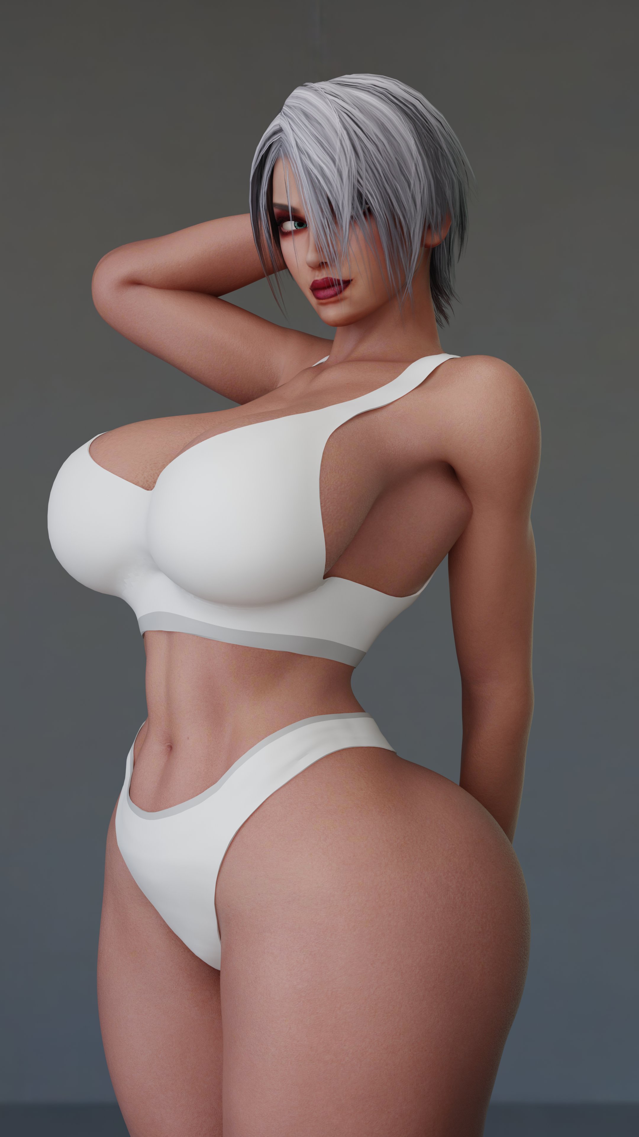 1girls, 3d, 3d model, ass, big ass, big breasts, big butt, breasts, busty, cpt-flapjack, female, female only, high heels, huge ass, huge breasts, huge butt, impossible clothes, isabella valentine, lieutenant flapjack, light skin, light-skinned female, lip, looking at viewer, looking back, make up, makeup, pale skin, pale-skinned female, red lips, red lipstick, shiny breasts, shiny butt, shiny hair, shiny skin, short hair, sideboob, simple background, skimpy clothes, solo, solo female, soul calibur, thick thighs, tight clothes, tight clothing, white hair