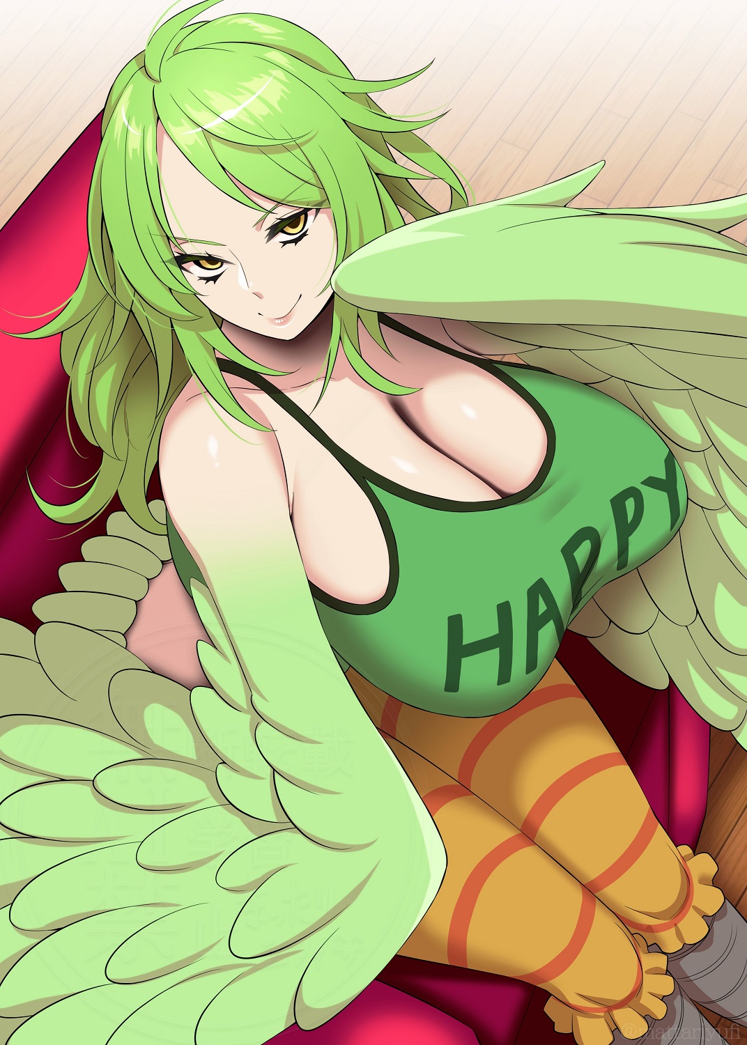 1girls, big breasts, bird feet, breasts, breasts bigger than head, cleavage, clothing, female, female only, green hair, green-haired female, harpy, harpy girl, mattari yufi, monet (one piece), one piece, solo, solo female