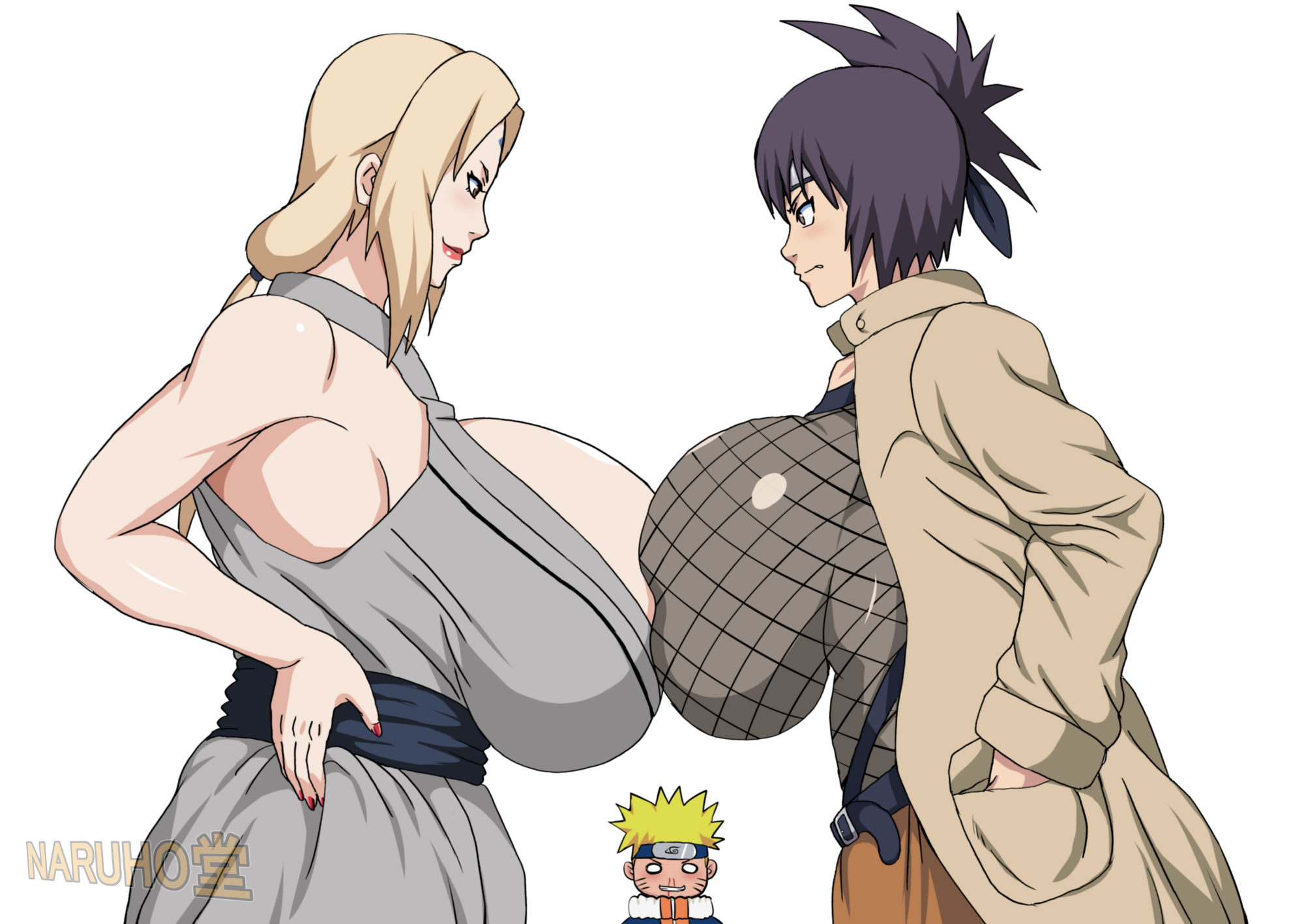 1boy, 2girls, big breasts, black hair, blonde hair, boobs pressed, breasts, breasts bigger than head, enormous breasts, female, fishnets, gilf, huge breasts, kimono, large breasts, light skin, light-skinned female, long hair, looking at another, male, mature female, milf, mitarashi anko, naruho, naruto, naruto (series), ponytail, simple background, tagme, top heavy, tsunade, uzumaki naruto, voluptuous, voluptuous female, white background