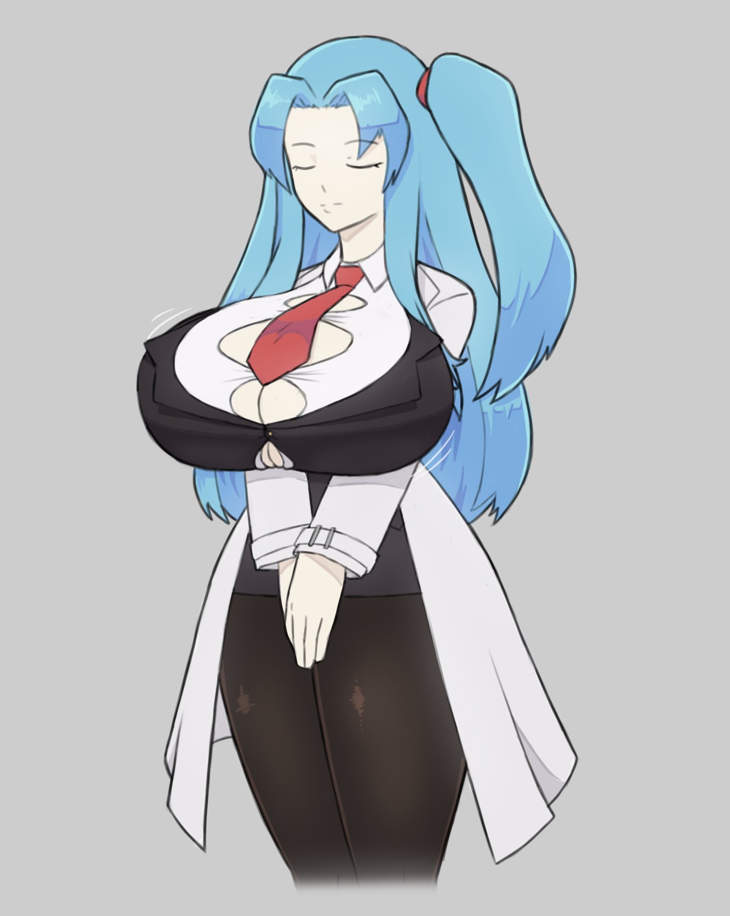 1girls, angela (lobotomy corporation), blue hair, breasts, breasts bigger than head, bursting breasts, busty, cleavage, closed eyes, dress, female, female only, grey background, huge breasts, kurovah, labcoat, lobotomy corporation, long hair, project moon, side ponytail, simple background, skirt, solo, tie, tied hair