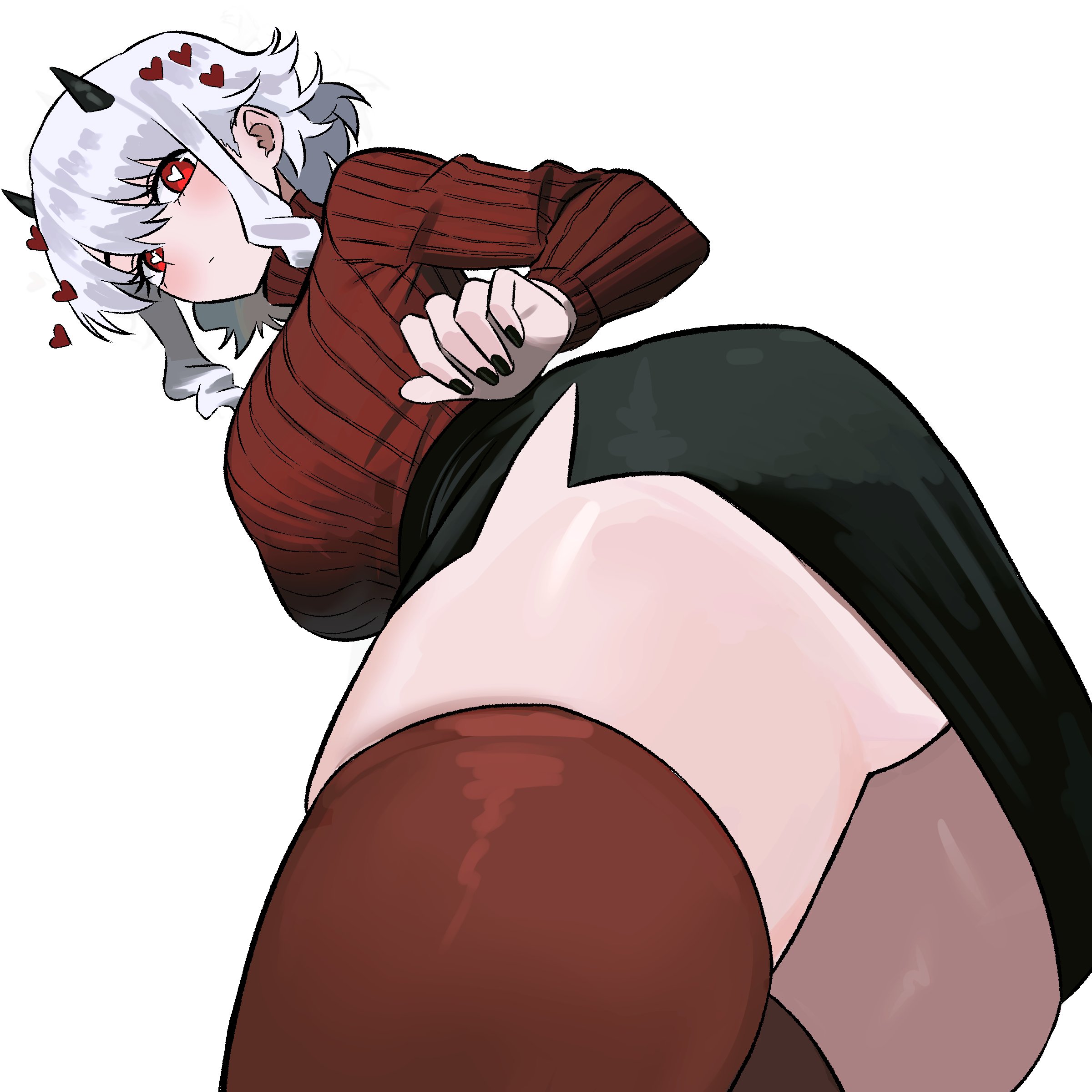 1girls, absurdres, ass, big ass, big breasts, big thighs, black nails, black skirt, breasts, demon, demon girl, demon horns, female, female only, heart, heart-shaped pupils, helltaker, highres, horns, huge ass, huge breasts, huge thighs, large ass, large breasts, large thighs, looking at viewer, miniskirt, modeus (helltaker), painted nails, red eyes, red sweater, short hair, short skirt, skirt, sweater, symbol-shaped pupils, thick, thick ass, thick thighs, thighhighs, thighs, voluptuous, voluptuous female, white background, white hair, wide hips, zeon (zzeeonn)