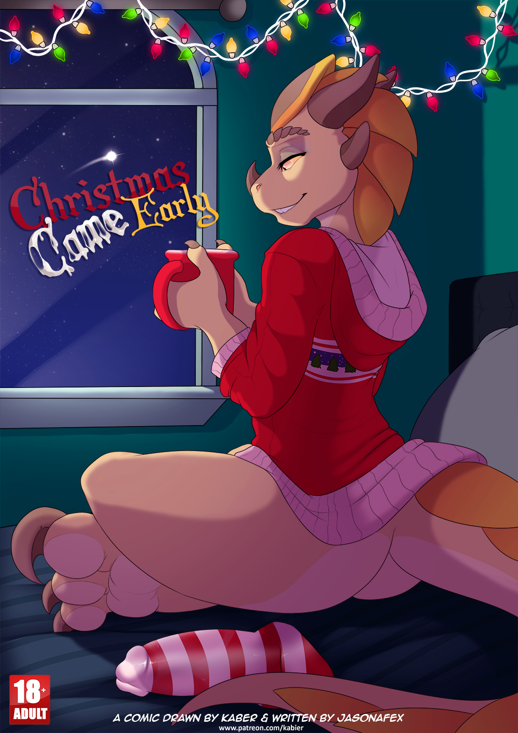 2014 anthro bottomless christmas clawed_feet clawed_fingers clawed_toes claws clothed clothing comic comic_cover cup dildo dinosaur english_text feet female foot foot_fetish genesis_(kabier) half-dressed holidays hoodie horn jasonafex kabier night pawpads raptor sex_toy sky solo star text