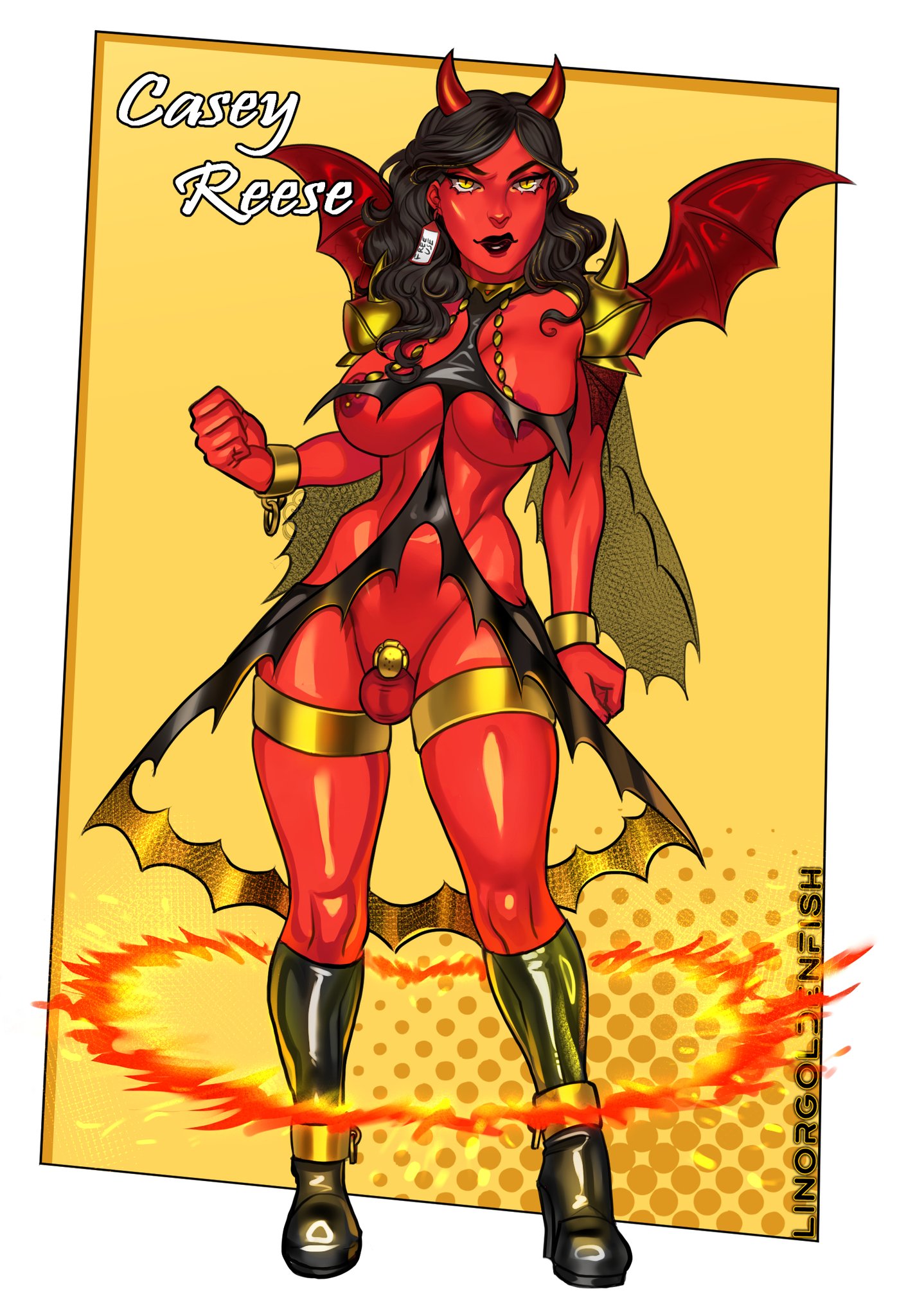 1futa, breasts, cage, caged, caged cock, caged dick, caged futa, caged penis, casey reese (norwell college), cat eyes, chastity, chastity cage, chastity device, cock, cock cage, commission, costume, cuffs, devil, devil horns, devil tail, ear tag, futa chastity, futa only, futanari, intersex, linorgoldenfish, looking at viewer, nipple piercing, nipples, norwell college, ooney101, penis, penis cage, piercing, red skin, restraints, standing, student, tagme
