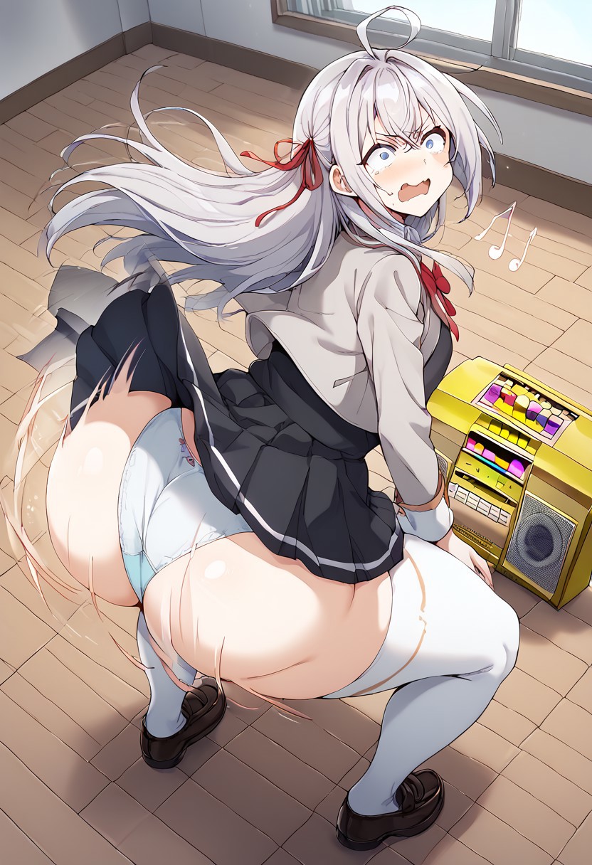 1girls absurd_res ahoge ai_generated alisa_mikhailovna_kujou ass ass_shake black_skirt black_vest blue_eyes blush body_control boombox bow bowtie breasts collared_shirt cropped_jacket dekutree10 embarrassed forced_to_twerk gold_boombox_(prevence) grey_hair grey_jacket hair_ribbon hi_res huge_ass hypnosis jacket loafers long_hair looking_back panties pleated_skirt red_bow red_bowtie red_ribbon ribbon school_uniform shaking_ass shirt shoes skirt solo thighhighs tokidoki_bosotto_russian_de_dereru_tonari_no_alya-san twerk twerk_hypnosis twerking uniform upskirt white_panties white_thighhighs zettai_ryouiki