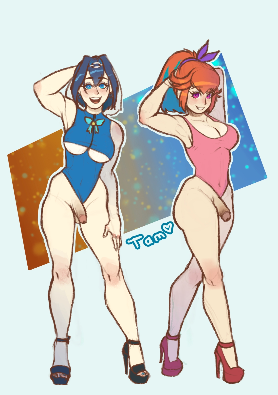 2futas, automat-on, balls, breasts, clothed, clothing, duo, futa only, futanari, hololive, hololive english, hololive english -council-, hololive english -promise-, hololive myth, human, intersex, leotard, light skin, mostly clothed, ouro kronii, penis, tagme, takanashi kiara, underboob, virtual youtuber