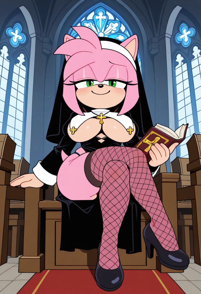 ai generated, amy rose, big thighs, breasts, church, cross, curvy, dog husky ai, female, fishnet legwear, fishnets, green eyes, holding book, holding object, large breasts, nun, nun outfit, pink body, pink fur, revealing clothes, sitting, sonic (series), sonic the hedgehog (series), two-tone fur